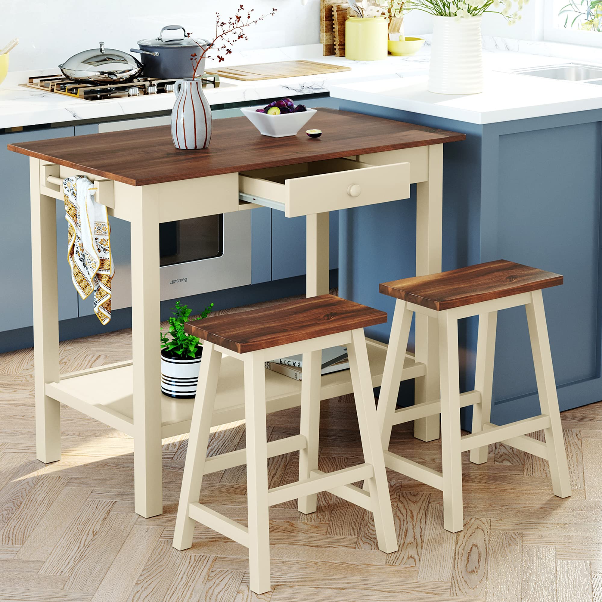P PURLOVE 3-Piece Kitchen Island Table Set with Drawer, Bottom Shelf & Towel Rack - Includes 2 Stools for Small Spaces - Perfect for Breakfast Nook, Apartment Kitchen or Dining Room
