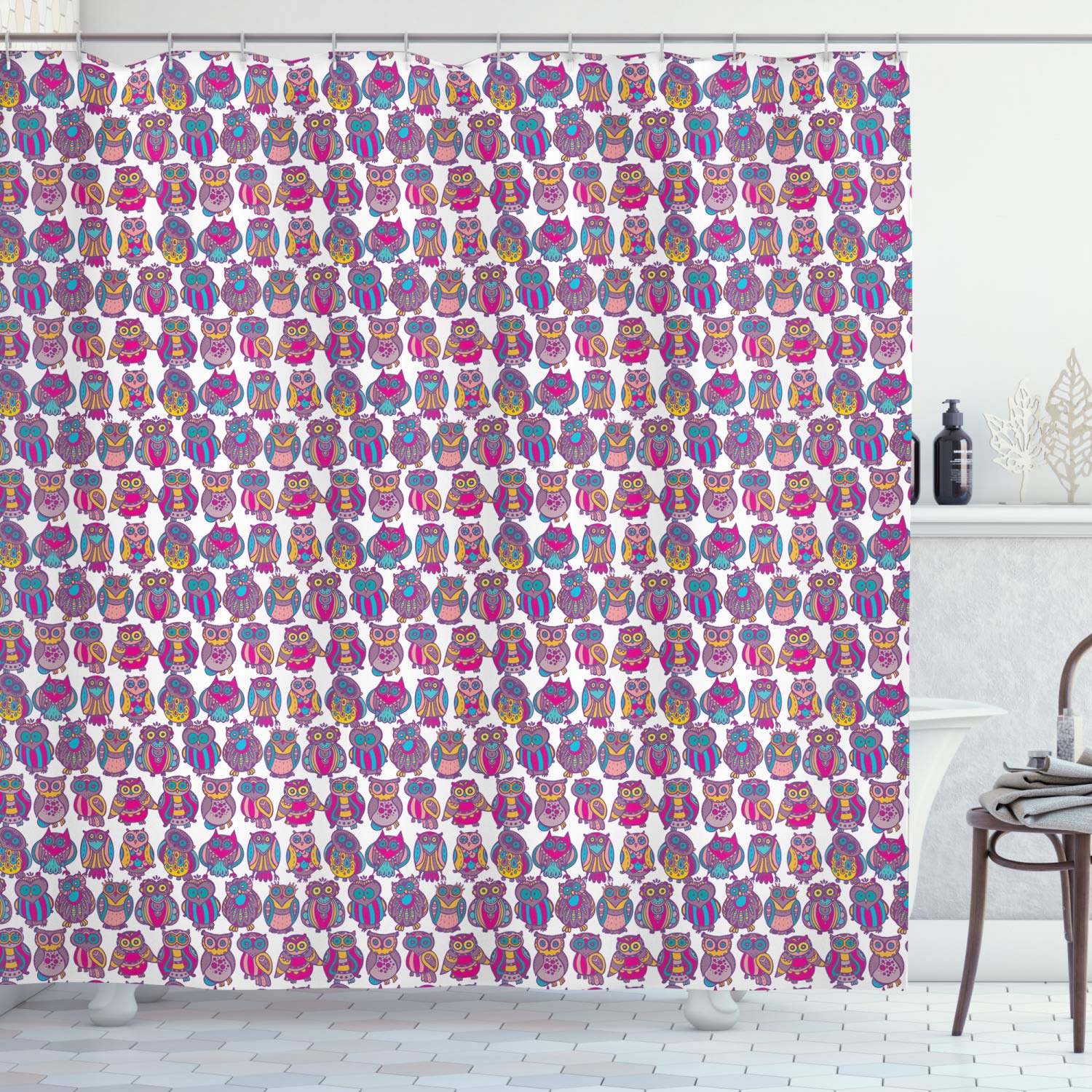 Ambesonne Owl Print Shower Curtain - Colorful Abstract Bird Pattern Bathroom Decor Set with Hooks, 69