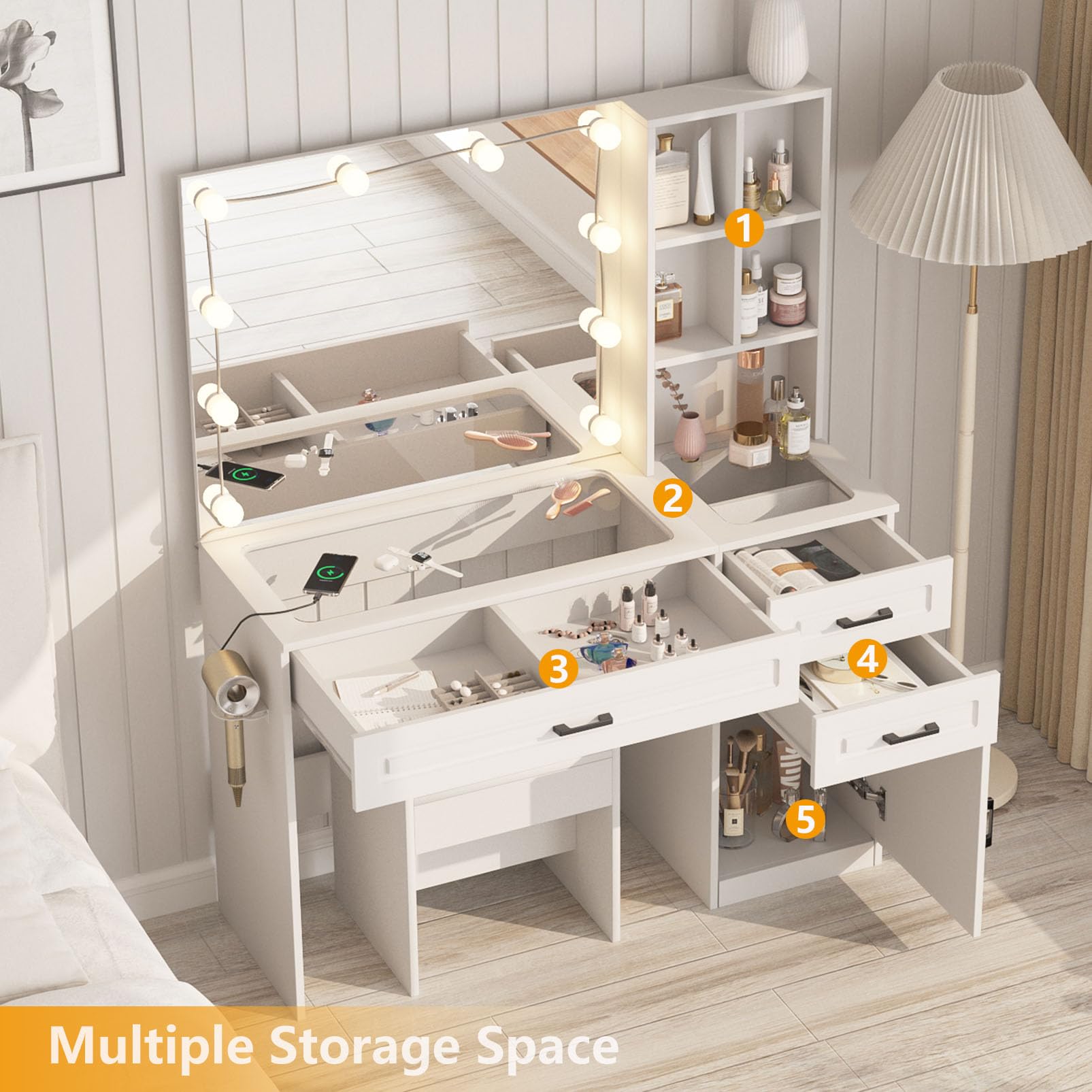 Fameill White Vanity Desk with Lighted Mirror, Power Strip & Hair Dryer Stand - Large Makeup Table with Glass Top, 3 Drawers & Ample Storage - 3 Lighting Modes for Perfect Beauty Setup - Ideal for Bedroom, Dressing Room & Home Salon