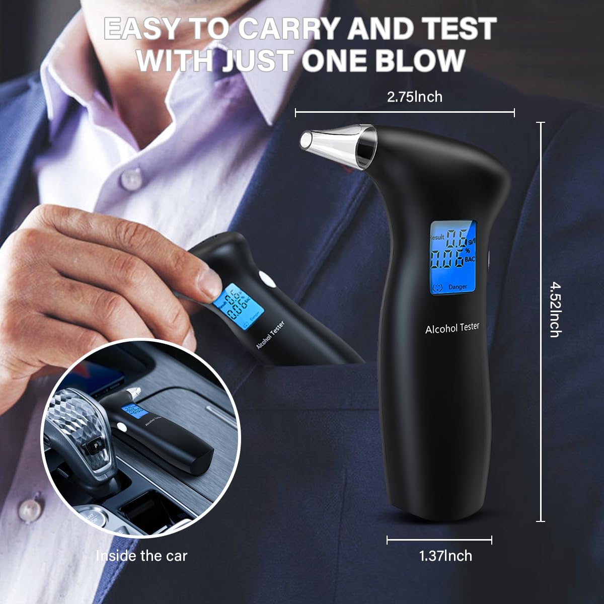 Portable Alcohol Breathalyzer Tester with LCD Display & Reusable Mouthpieces - Personal & Professional Use - Accurate BAC Detection for Home, Office, Parties & Road Safety - Black