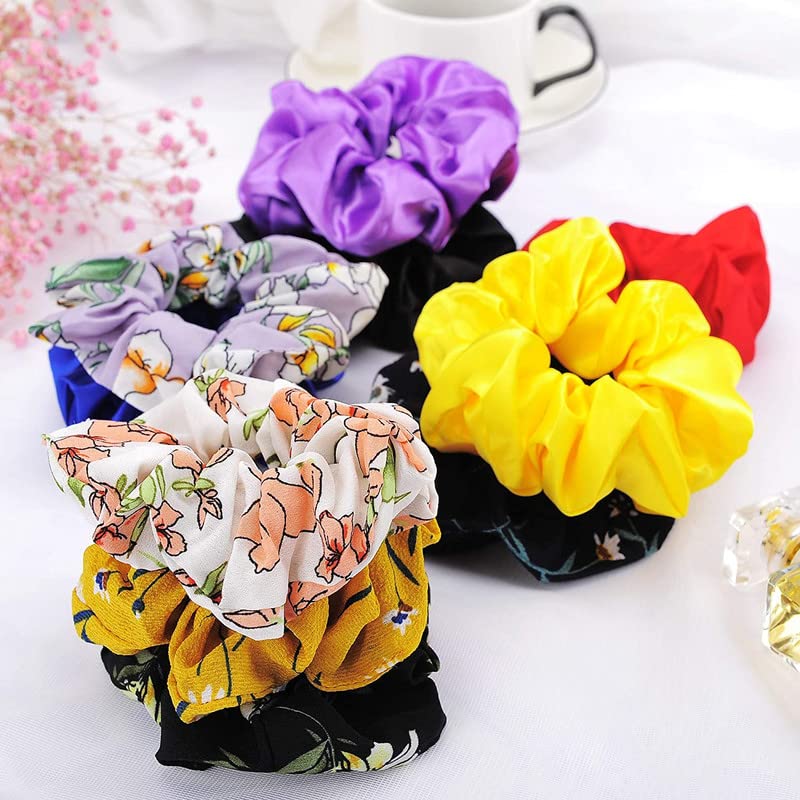 Staila 5-Piece Chiffon Flower Headbands & 5-Piece Satin Hair Scrunchies Set - Soft Elastic Hair Ties for Women & Girls (10-Pack) - Perfect for School, Work, Parties & Everyday Hair Accessories