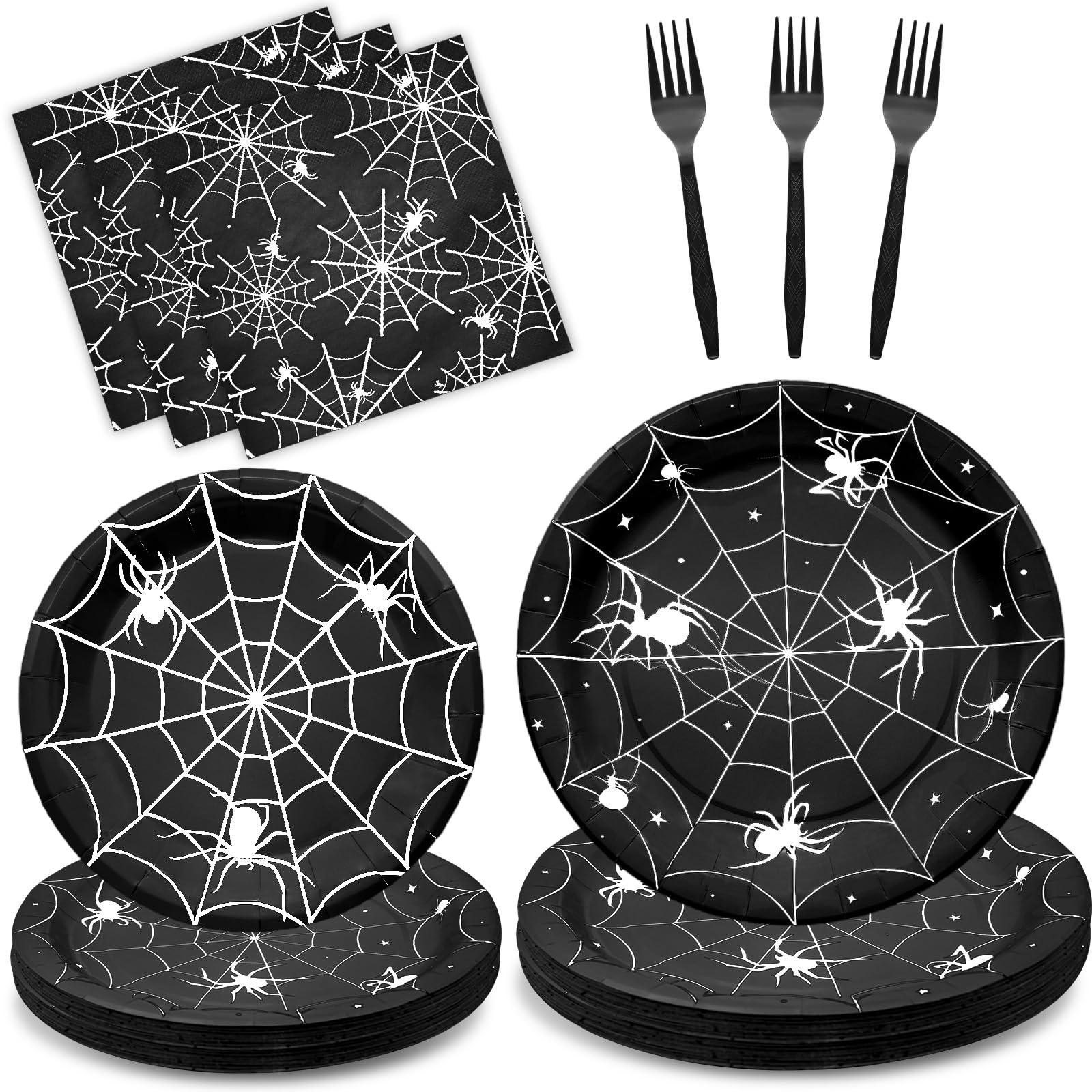 96-Piece Halloween Spider Web Disposable Tableware Set - Includes Paper Plates, Napkins & Forks for Spooky Party Decor - Perfect for Halloween Celebrations, Birthday Parties & Themed Events (Black, Serves 24) - Ideal for Haunted House Parties, Trick-or-Treat Gatherings & Festive Home Decor