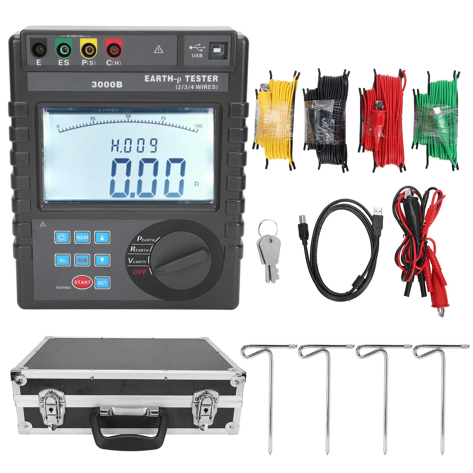 0-9000kΩm Digital Soil Resistivity Meter - 2/3/4 Pole Earth Resistance Tester for Soil Resistivity, Ground Voltage & AC Voltage Measurement | Perfect for Electrical Engineering, Agriculture & Construction Site Testing