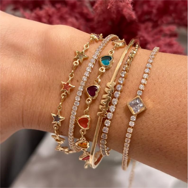 Sanyaa 18K Gold Plated Multi Stone Crystal Star Bracelet for Women | Elegant Jewelry Gift for Birthday, Anniversary & Special Occasions