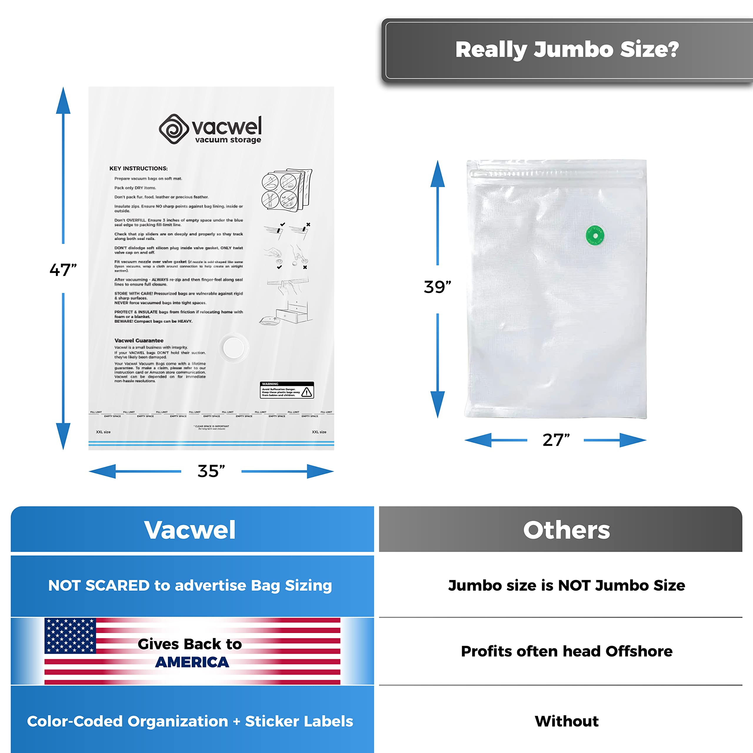 6-Pack Vacuum Storage Bags for Clothes, Comforters & Bedding - Space Saving Vacuum Seal Bags (3 XXL 47x35in + 3 Jumbo 43x30in) - Perfect for Seasonal Clothing Storage, Travel & Home Organization