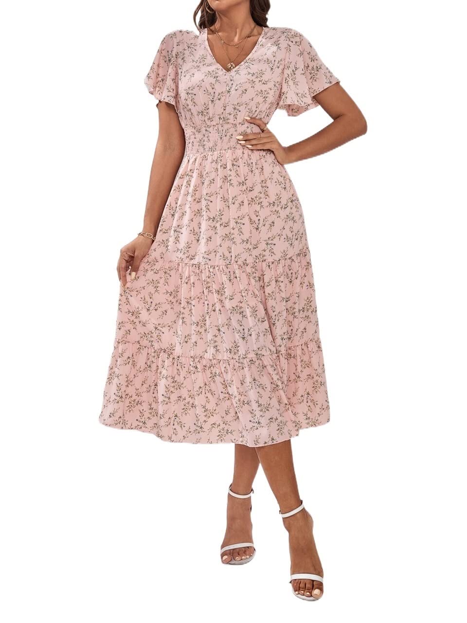 Floral Print Butterfly Sleeve Summer Dress for Women 2022 - Shirred Ruffle Hem A-Line Dress - Perfect for Beach Vacations, Garden Parties & Date Nights