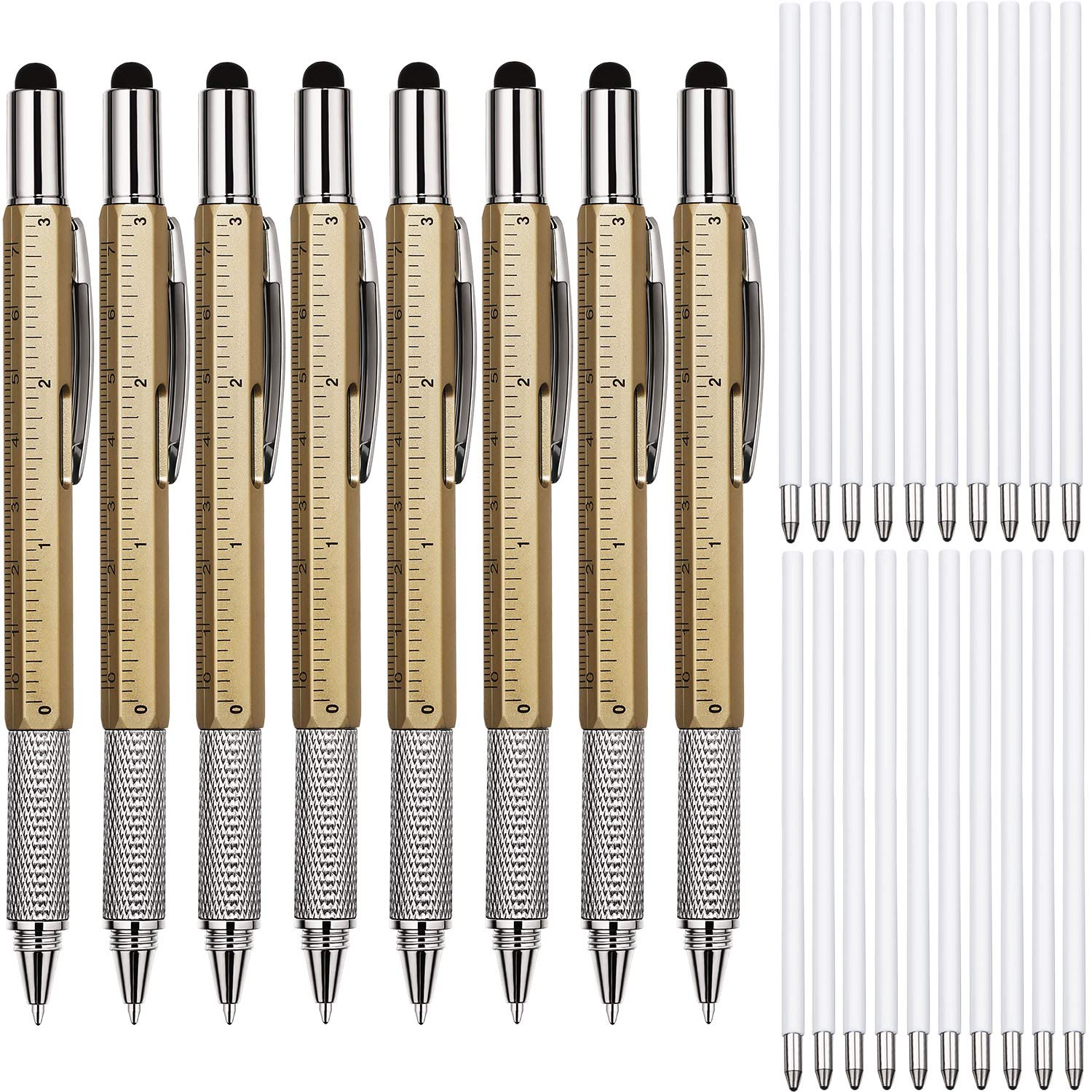 8-in-1 Multitool Pen for Men - Ballpoint Pen with Screwdriver, Ruler & Level Gauge - Gold Tech Gift Pen with Refills - Perfect for Engineers, DIY Projects & Office Use