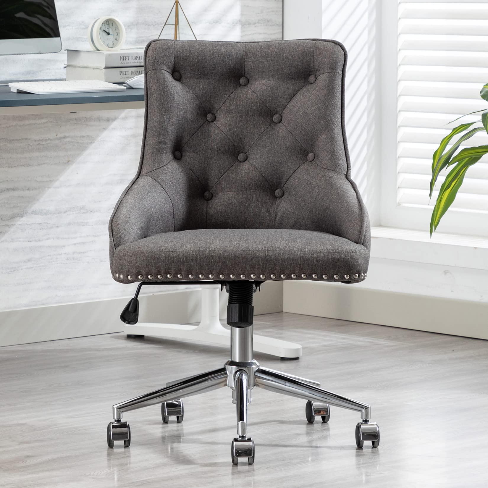 Modern Mid-Back Office Chair with Wheels - Ergonomic Swivel Computer Desk Chair with Tilt Function, Soft Fabric Upholstery for Home Office, Gaming, Study & Vanity - Grey Task Chair for Women & Girls