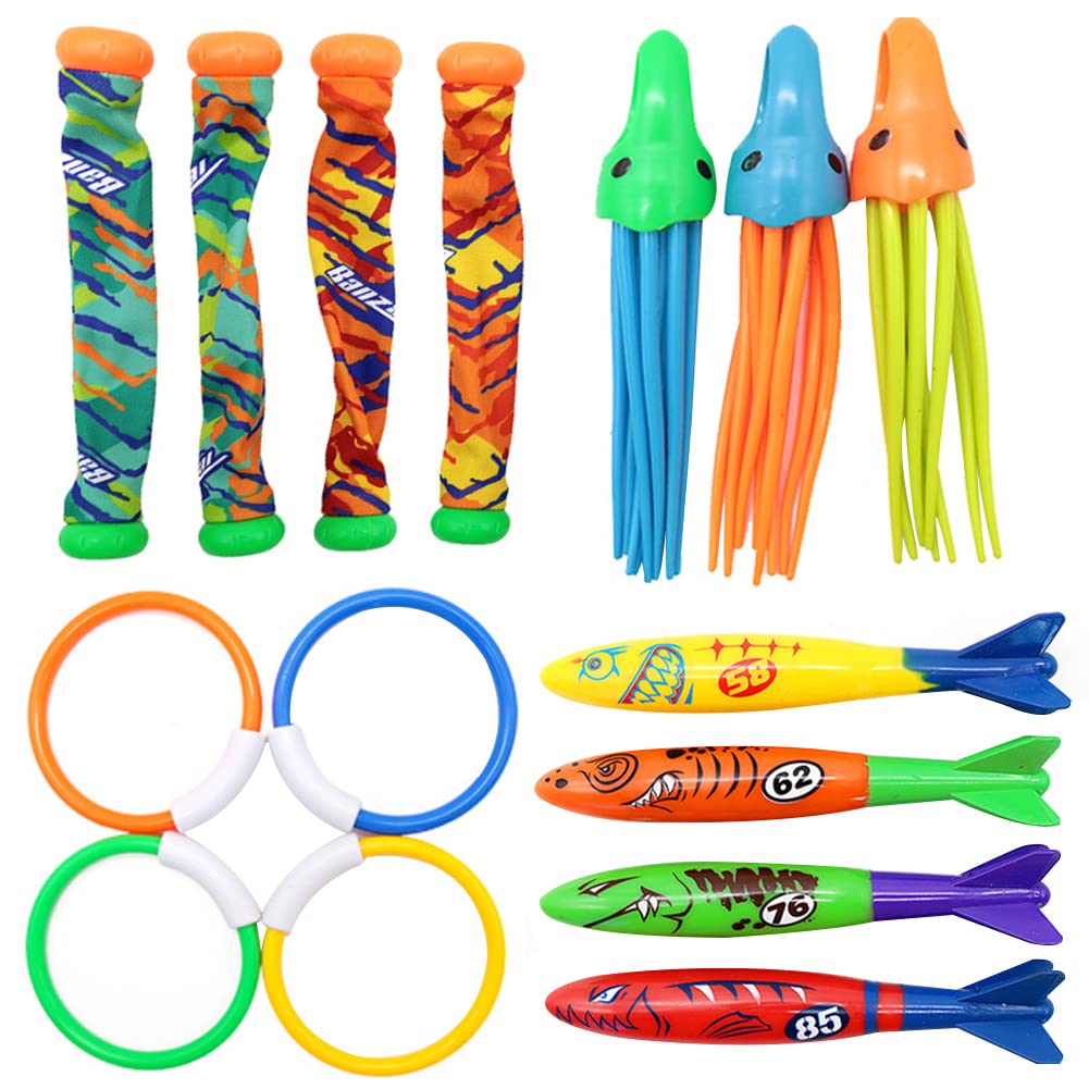 15Pcs Pool Diving Toys Set with Storage Bag - Underwater Swim Toys for Kids Ages 6-10, Includes Sparkling Gems, Rings, Torpedoes & Sea Grass Sticks - Perfect Summer Water Toys for Boys & Girls - Great for Pool Parties, Swimming Lessons & Backyard Fun