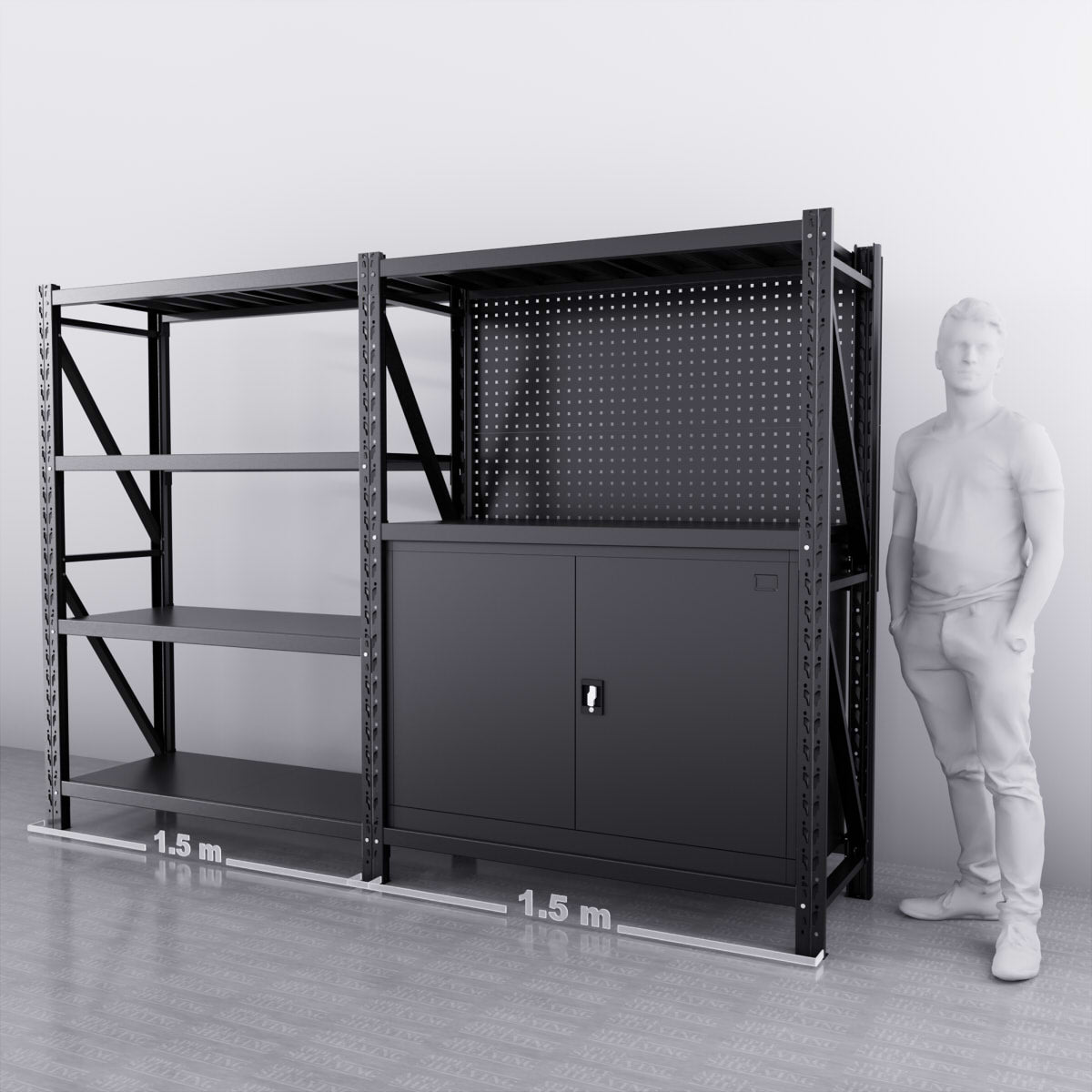 1.5m Steel Pegboard Workbench with Hooks - Heavy Duty Metal Cabinet Organizer for Tools & Accessories - Perfect for Garage, Workshop & DIY Projects
