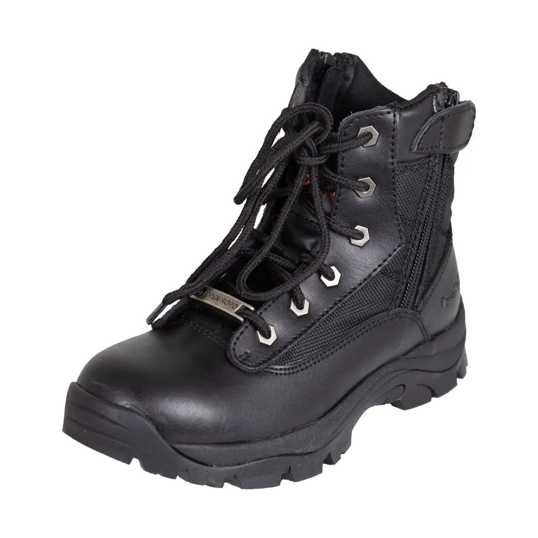 Open Road Women's Black Leather Tactical Combat Boots with Side Zippers - Stylish Lace-Up Ankle Boots for Outdoor Hiking, Motorcycle Riding & Urban Fashion