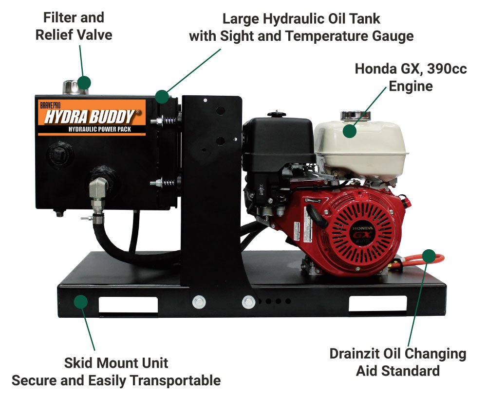 Brave Hydraulic Power Pack - 3000 PSI High Pressure, 5 GPM Flow Rate, Recoil Start System with Honda GX390 Engine - Ideal for Log Splitters, Dump Trailers & Construction Equipment
