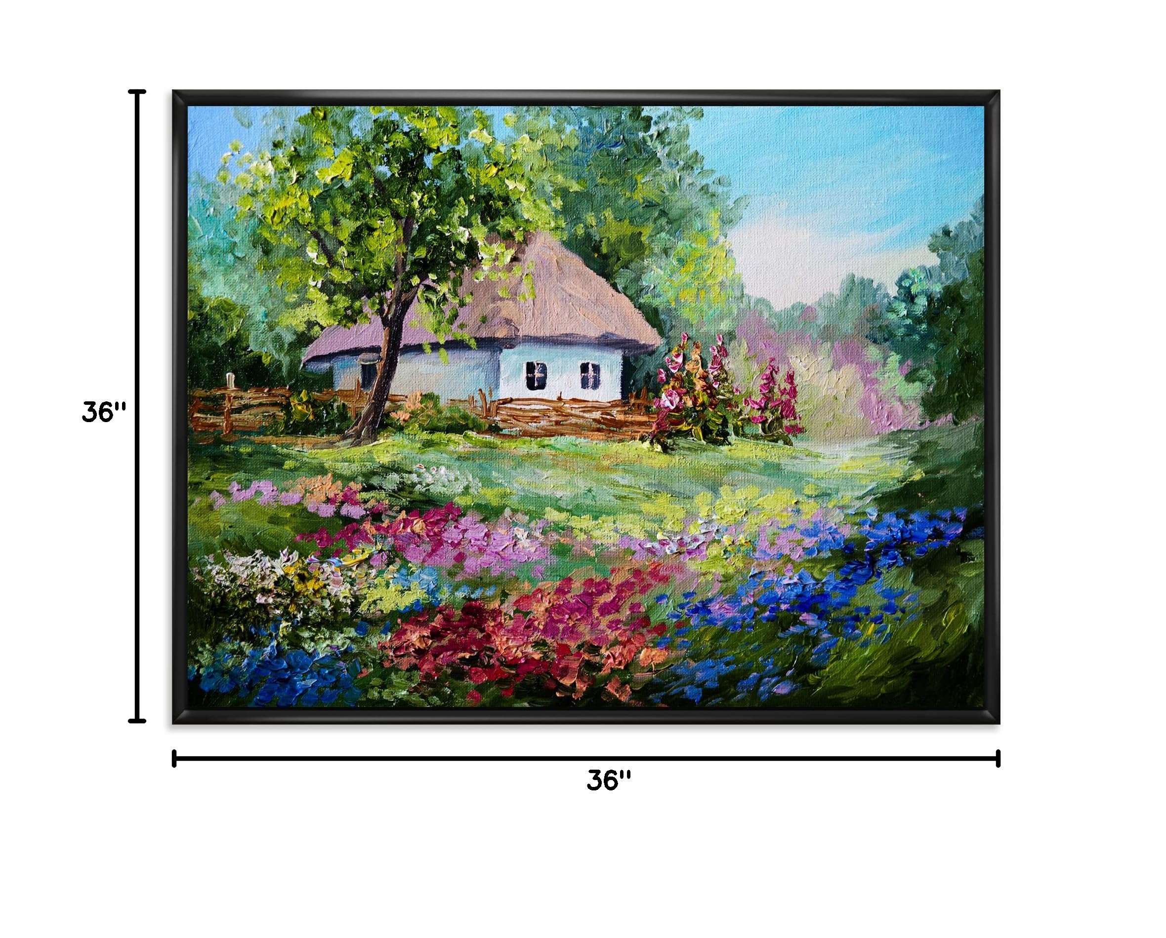 Traditional Framed Canvas Wall Art Print - Mountain House with Blossoming Flowers Landscape Painting for Living Room, Bedroom & Office Decor
