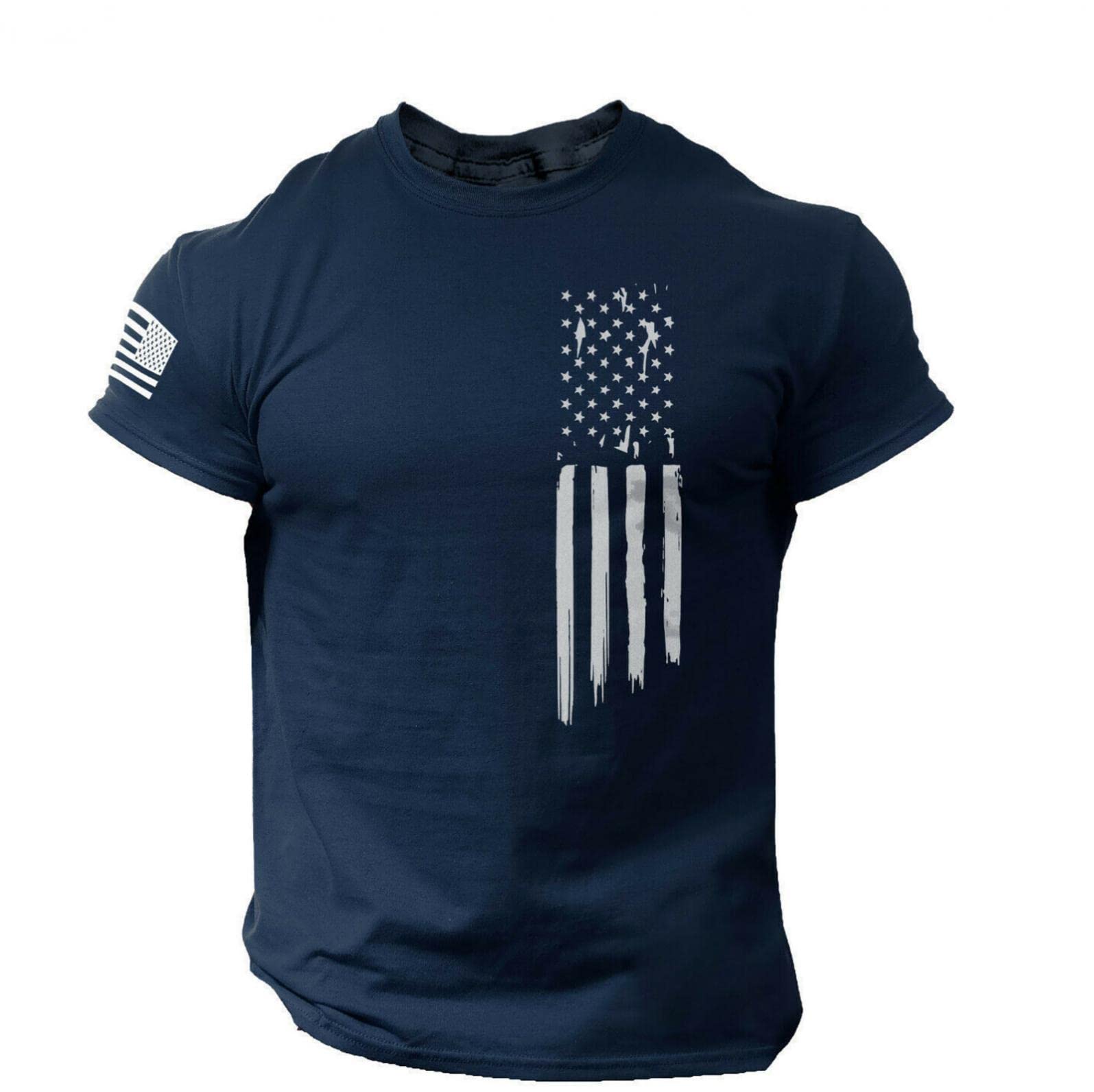 USNSM Men's Summer Short Sleeve T-Shirt - American Flag Printed Patriotic Crew Neck Tee for Casual Wear & 4th of July Celebrations