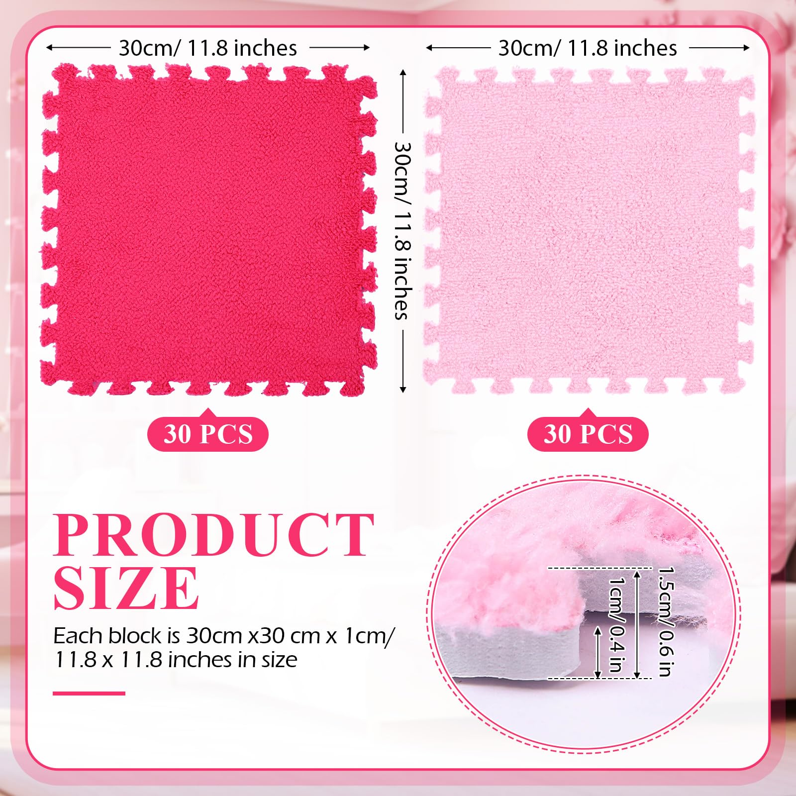 **Ceenna 60-Piece Soft Plush Puzzle Foam Floor Mat - Interlocking Play Mat for Kids, Baby Crawling, Gym & Living Room - Non-Slip, Washable, Durable (Pink & Rose Red) - Perfect for Playrooms, Daycares & Home Decor**