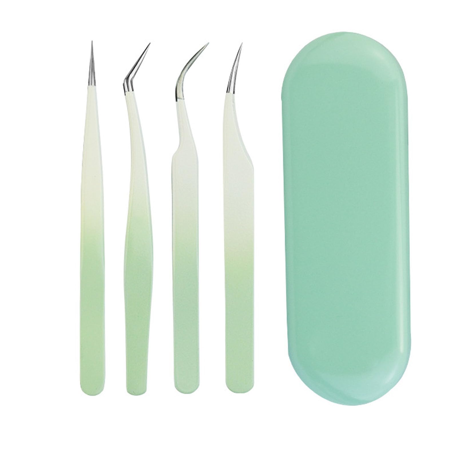 Professional 4Pcs Eyelash Extension Tweezers Kit - High Hardness Stainless Steel, Smooth & Ergonomic Design for Perfect Lash Application | Ideal for Home Use, Salon Professionals & Party Makeup (Green)