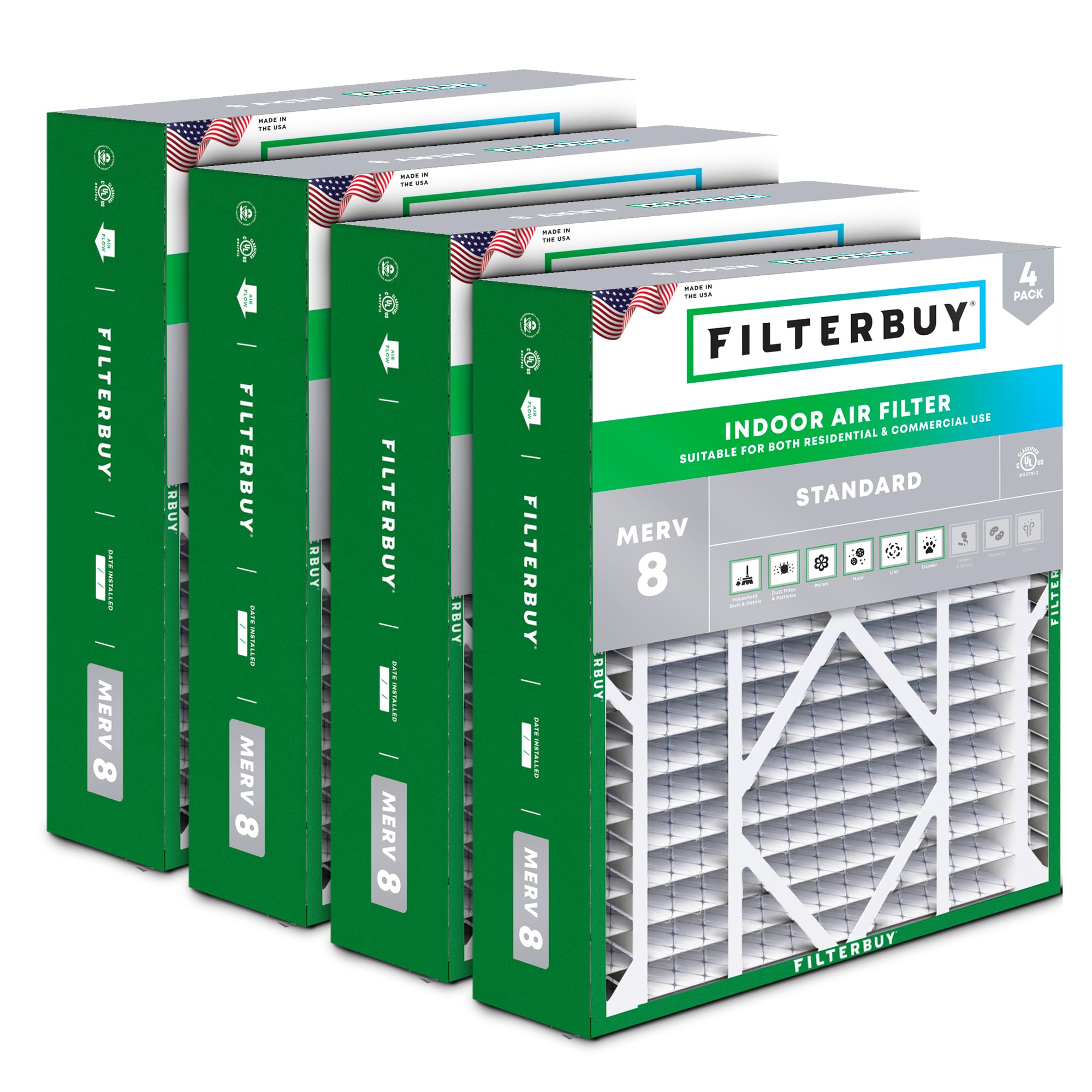 Filterbuy 21x21x5 MERV 8 Pleated Air Filter 4-Pack - Dust Defense HVAC AC Furnace Replacement for Rheem, Ruud, Protech (Actual Size 20.63x20.63x4.38 Inches) - Perfect for Home, Office & Commercial Spaces