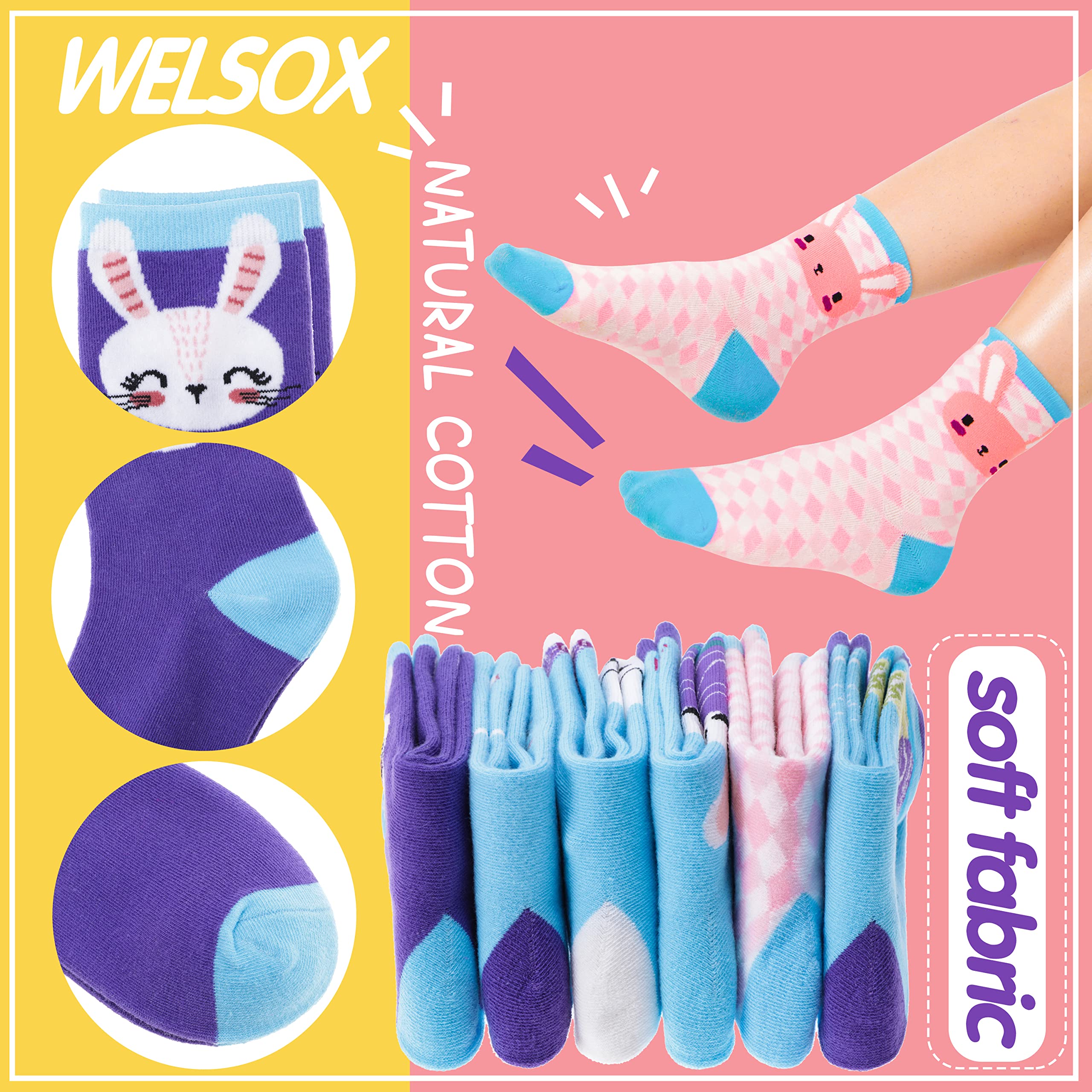 Cute Girls' Bunny Crew Socks - 6 Pairs Soft Cotton Fun Novelty Socks for Kids Ages 5-8 (Blue) - Perfect for Easter Gifts, Stocking Stuffers & Everyday Playtime