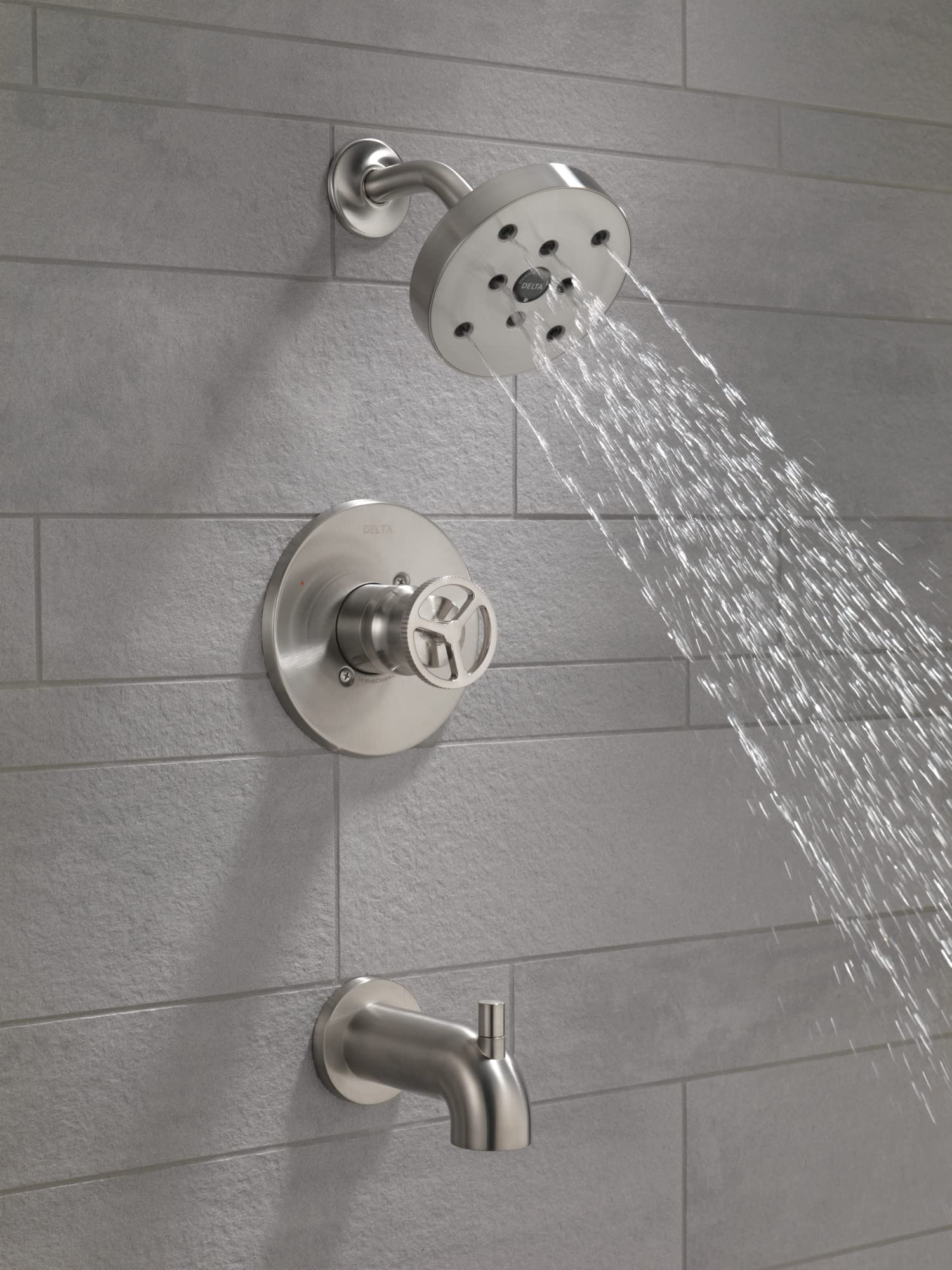 Delta Faucet Trinsic 14 Series Brushed Nickel Tub Shower Faucet Set with H2Okinetic Shower Head - Shower Trim Kit & Bathtub Faucet Set in Stainless Steel T14458-SS (Valve Not Included) - Perfect for Modern Bathroom Renovations & Spa-Like Shower Experience