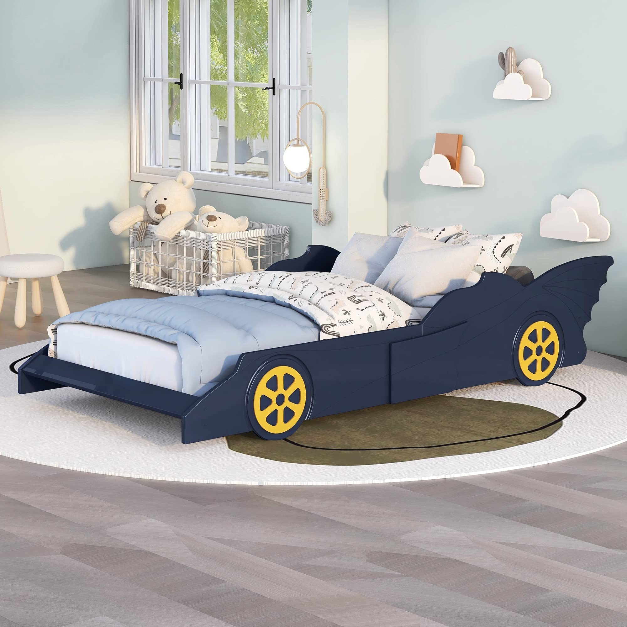Anwick Car-Shaped Twin Bed Frame for Kids - Wooden Platform Bed with Wheels & Slat Support - Blue & Yellow Race Car Design - Perfect for Boys' Bedroom, Playroom, or Themed Nursery Decor