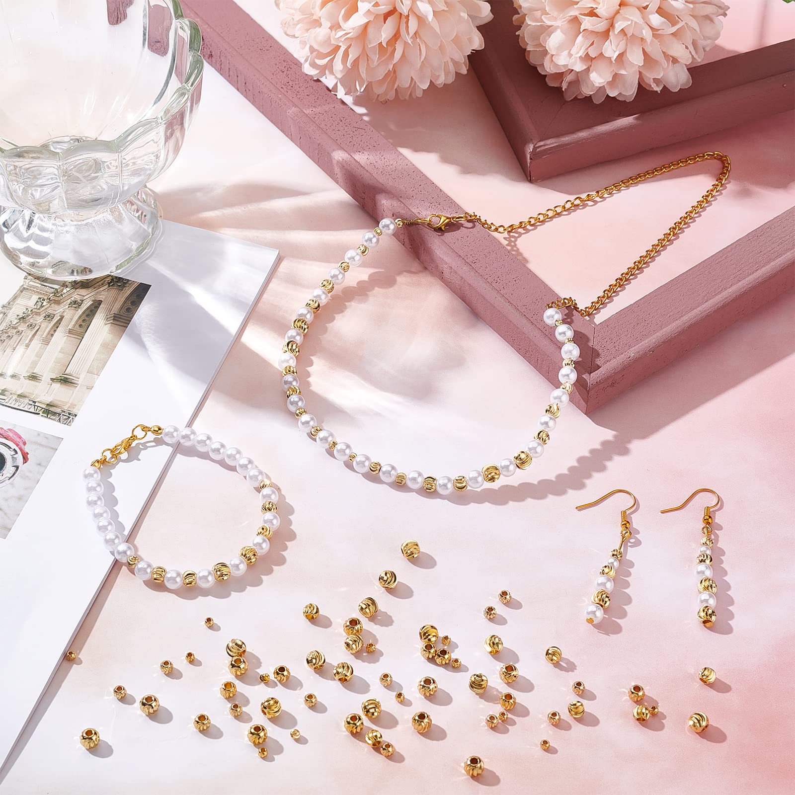 BENECREAT 80pcs 18K Gold Plated Spacer Beads - 4 Sizes Round Metal Beads for DIY Jewelry Making, Necklaces & Bracelets - Perfect for Crafting, Gifts and Fashion Accessories