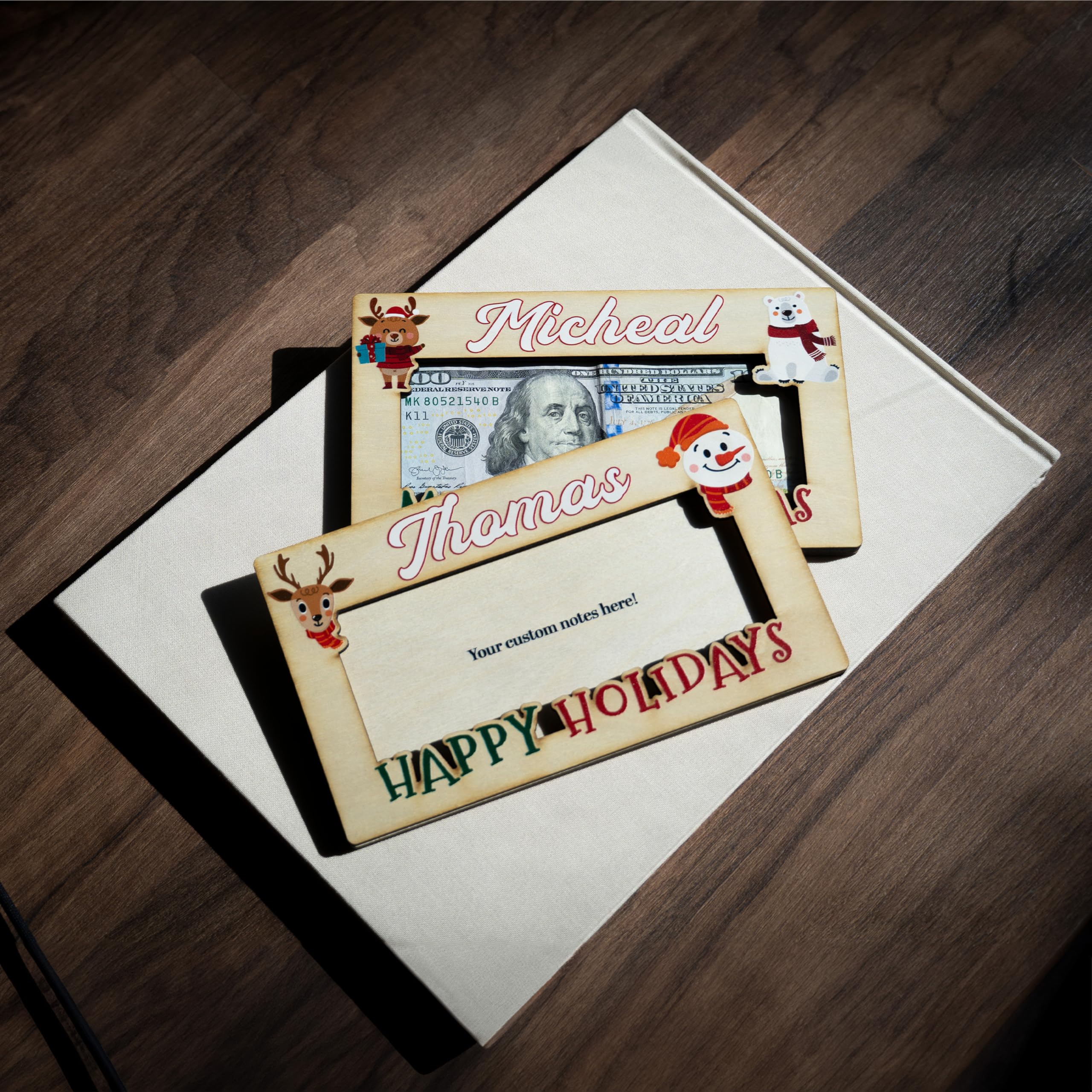 Personalized Christmas Money Holder - Custom Wooden Cash Gift Envelope with Name - Double Layer Design (6 Styles) - Perfect for Holiday Gifts, Stocking Stuffers & Christmas Presents