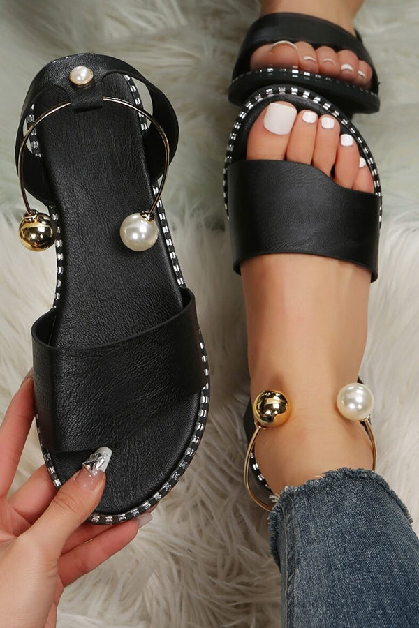 Women's Summer Flat Bottom Pearl Buckle Roman Sandals - Comfortable Casual Beach Walking Shoes for Vacation & Outdoor Activities