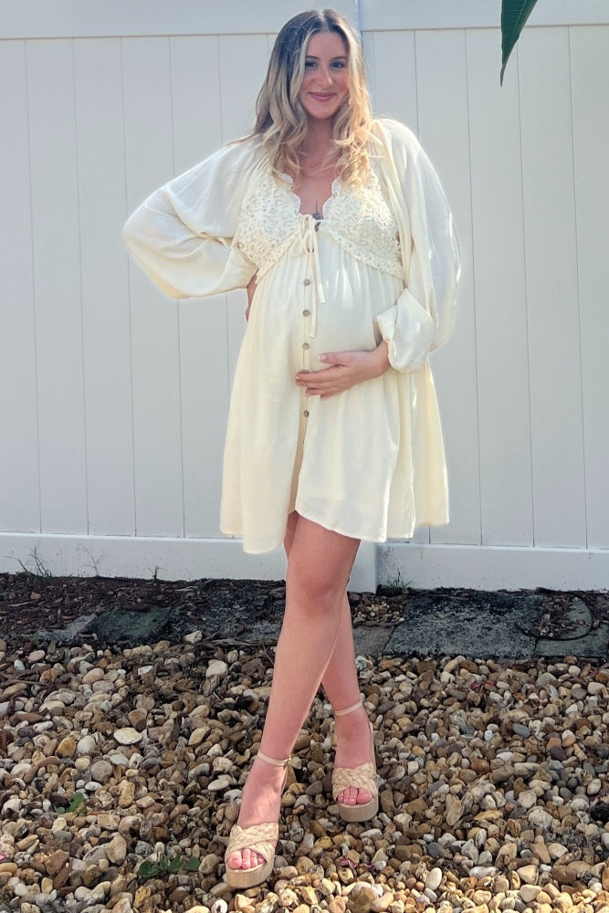 Beige Crochet Lace Button Front Maternity Dress for Pregnancy Photos, Baby Shower & Special Occasions - Comfortable Nursing Dress for Expecting Mothers