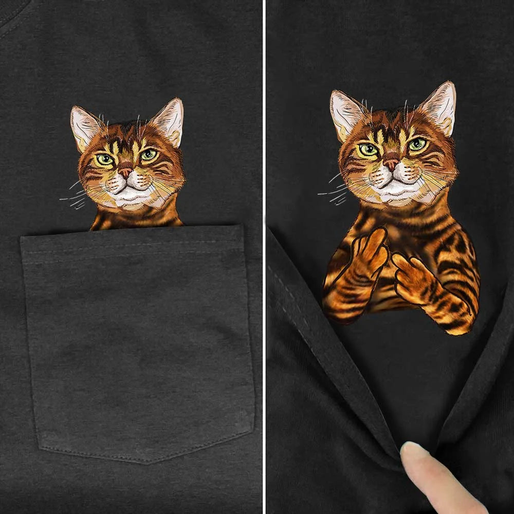 Funny Animal Print T-Shirt - Cat Stickers & Pocket Design - Men's & Women's Fashion Cotton Tee for Summer | Casual Wear, Hip Hop Style, Gift Idea