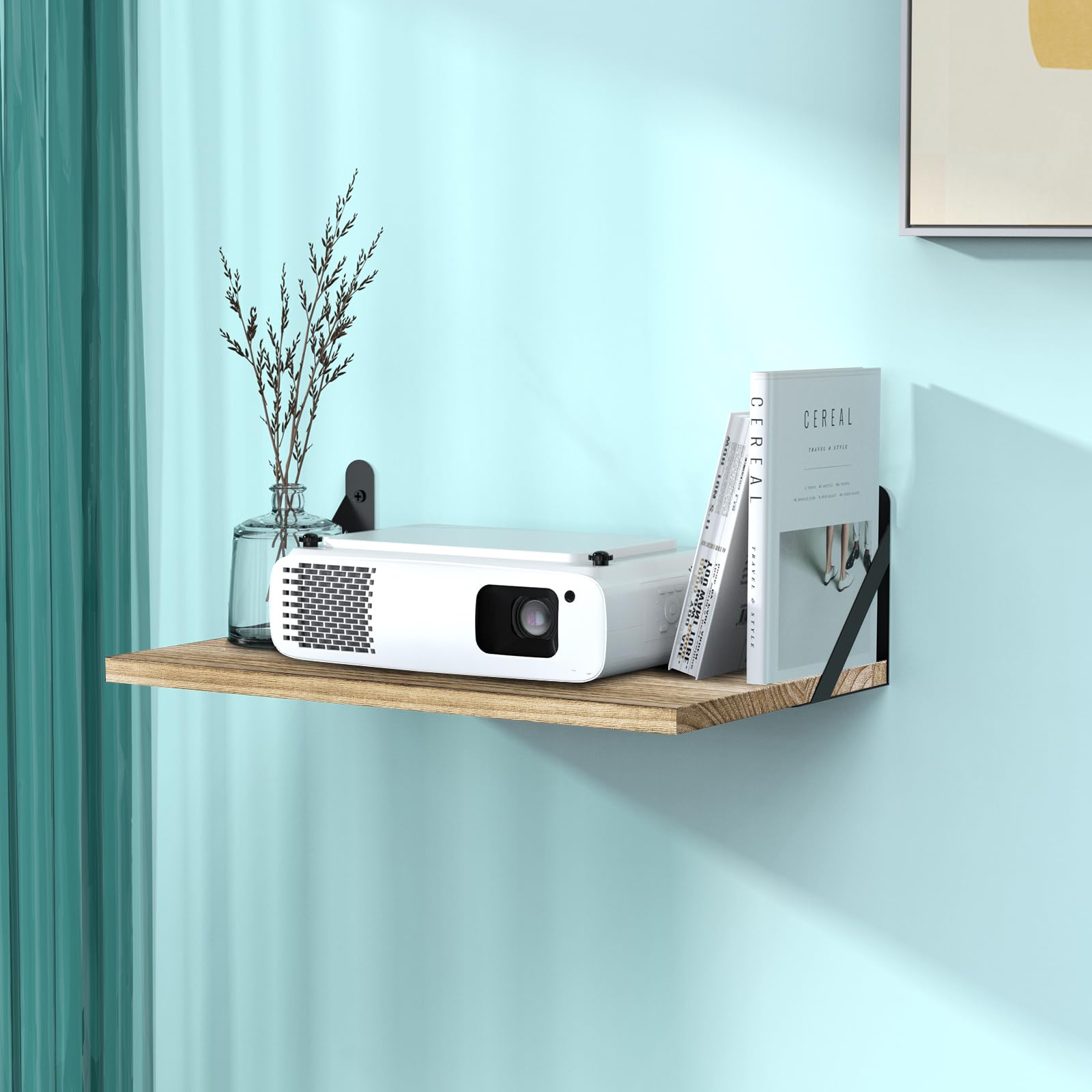 **Floating Projector Shelf Wall Mount - Deep Storage Oak Shelf for Living Room, Kitchen, Office - Perfect for Projectors, Routers & Cable Management**