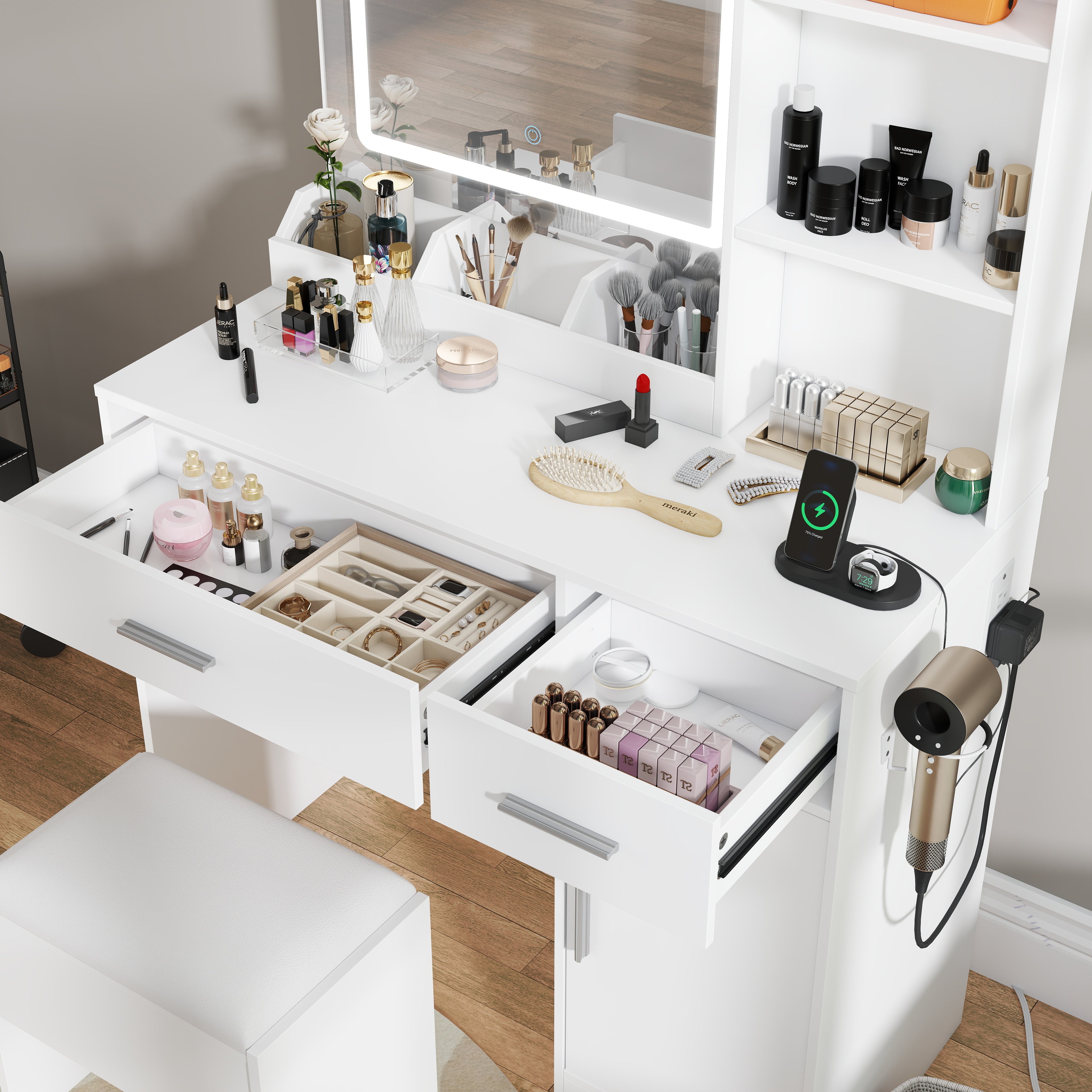Roundhill Furniture Lavin Makeup Vanity Set with LED Light Mirror & Charging Station - White Vanity Desk & Stool for Bedroom, Dressing Room & Beauty Salon | Modern Makeup Table with Storage & USB Ports