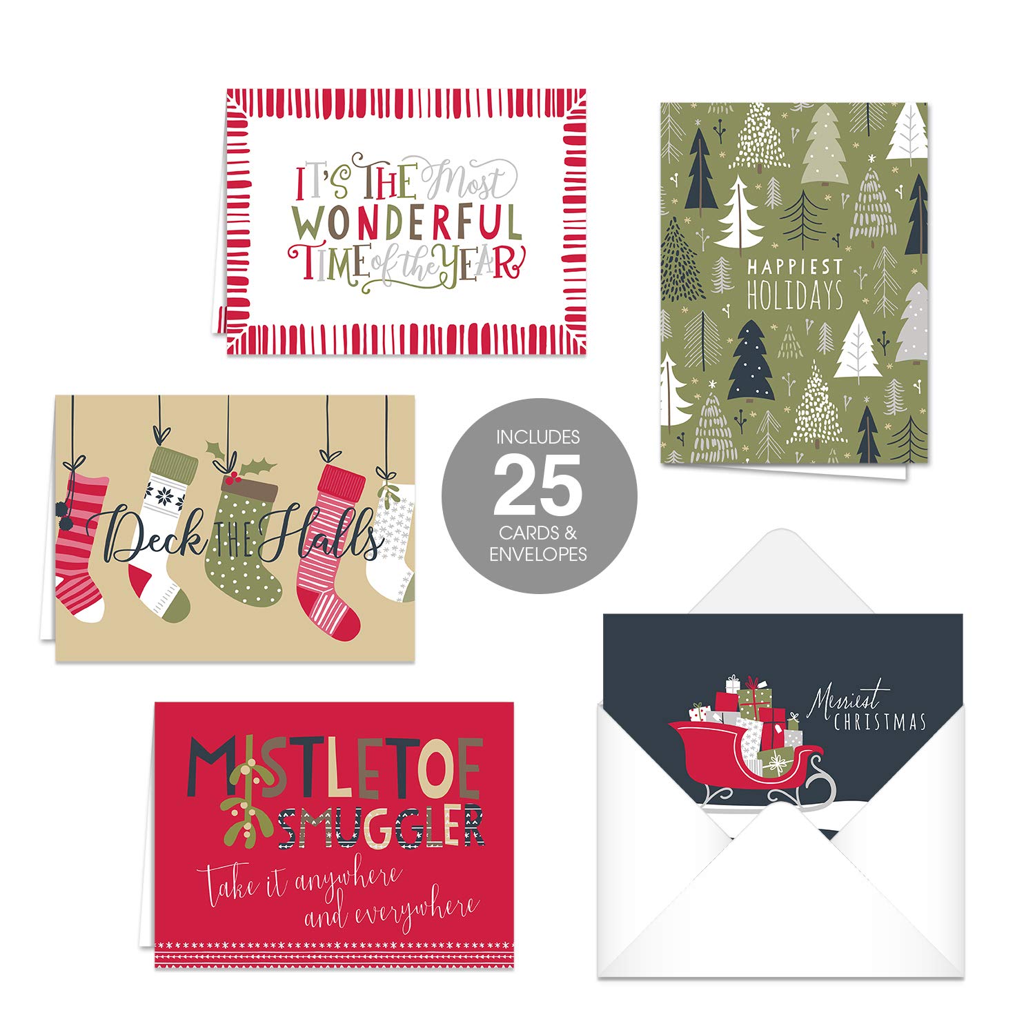 25 Christmas Holiday Greeting Cards with White Envelopes - 5 Festive Winter Designs (4 5/8