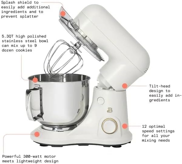 Drew Barrymore White Icing 5.3 Qt Stand Mixer - Lightweight, Powerful 300W Motor, 12 Speed Settings, Tilt-Head Design - Perfect for Baking Cakes, Cookies, Dough & More