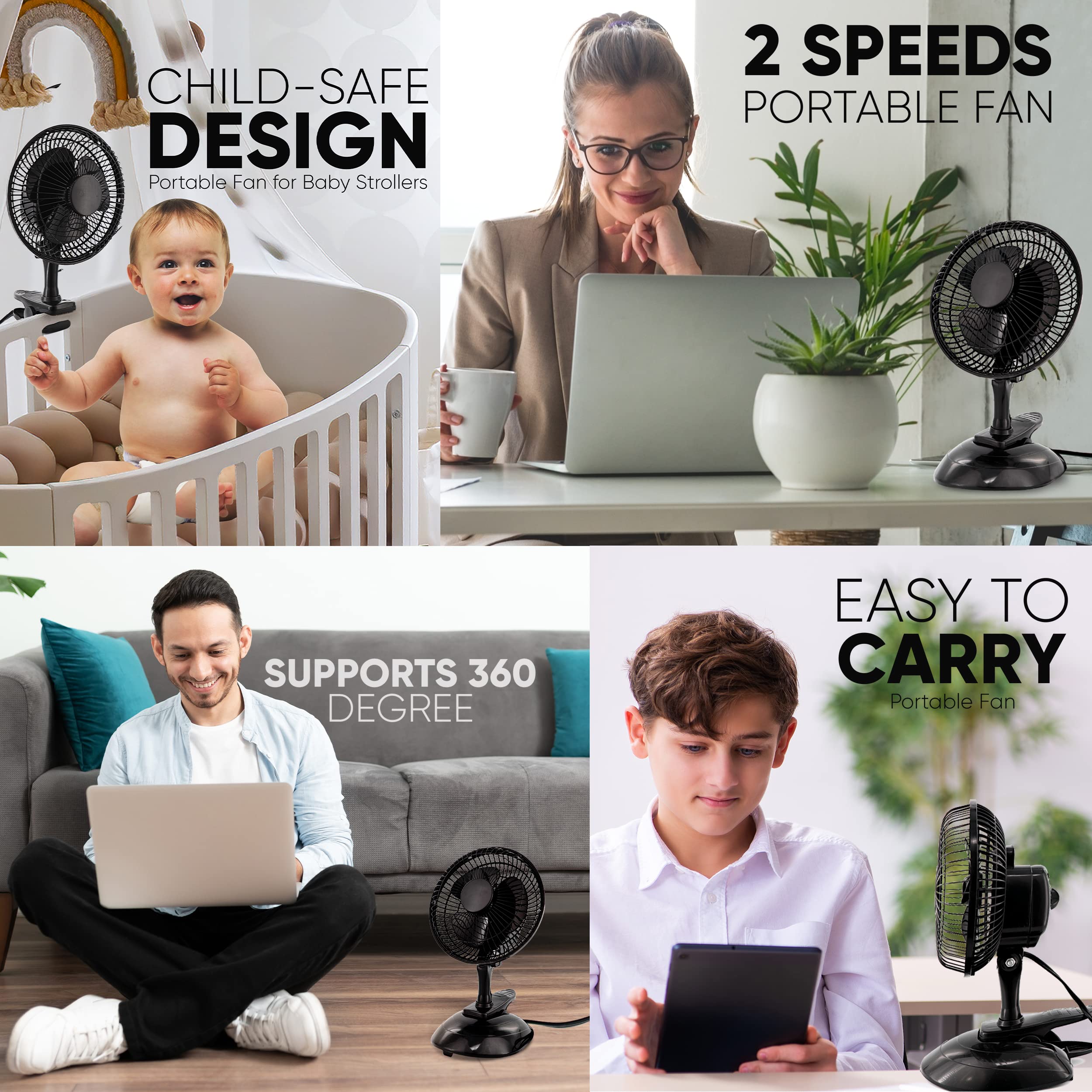 RamPro 6 Inch Portable Clip on Desk Fan - Small, Quiet Plug In Personal Cooling Fan with 2 Speed Settings & Adjustable Tilt - Perfect for Home, Office, Bedroom, Dorm (Black, 2 Pack) - Stay Cool While Working, Studying or Sleeping
