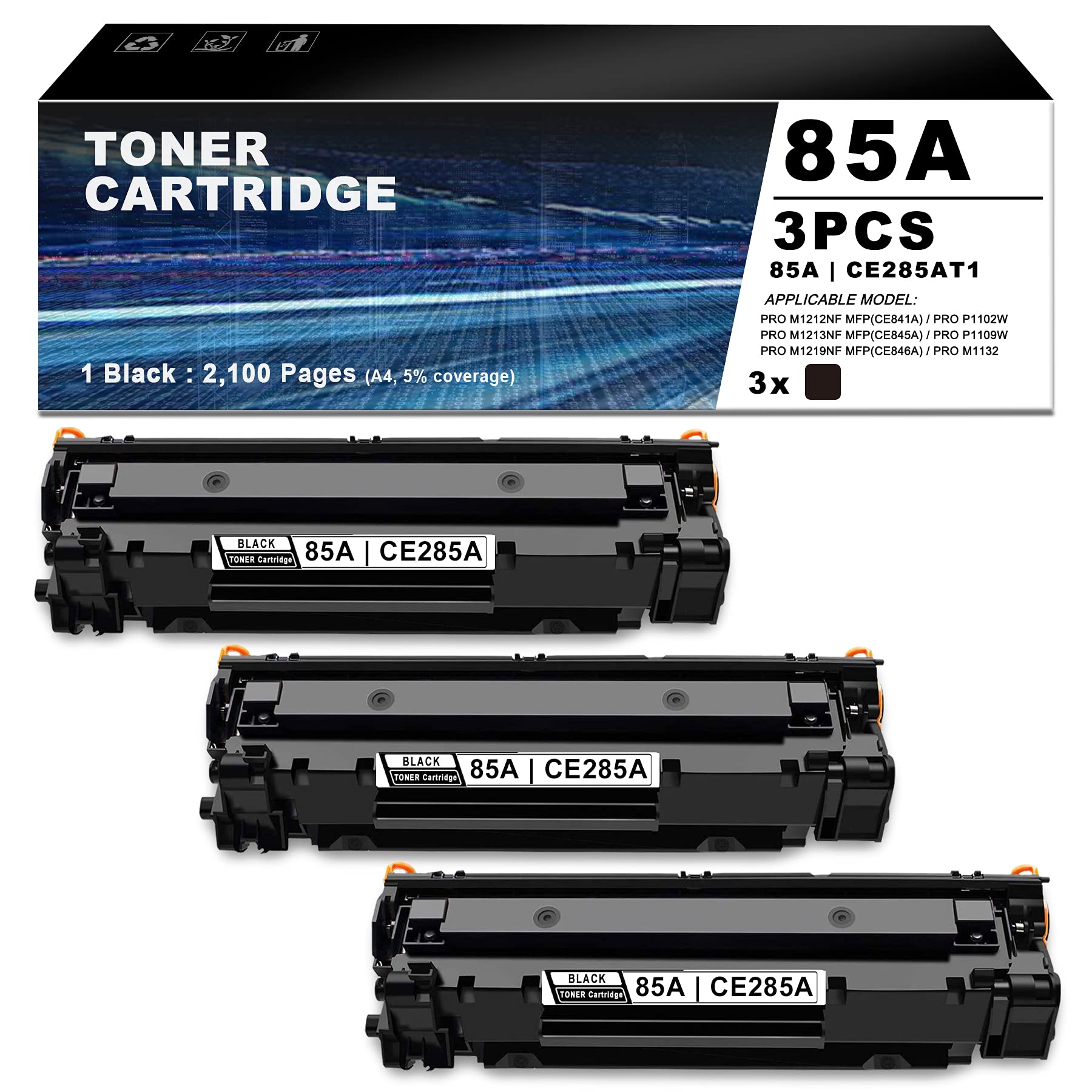 85A | CE285AT1 3-Pack Black High Yield Toner Cartridge Replacement for HP Pro M1212nf MFP, m1216nfh MFP, M1213nf MFP, M1219nf MFP, P1102w, P1102, P1109w, P1005, P1006, M1132 Printers | Compatible with Home & Office Printing, Documents, Reports, and Business Use