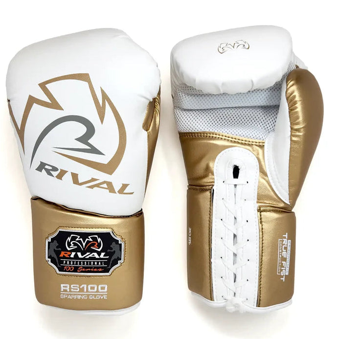 RIVAL RS100 Limited Edition Boxing Gloves - White & Gold Lace-Up Training Gloves for Sparring, Heavy Bag Workouts & MMA Training