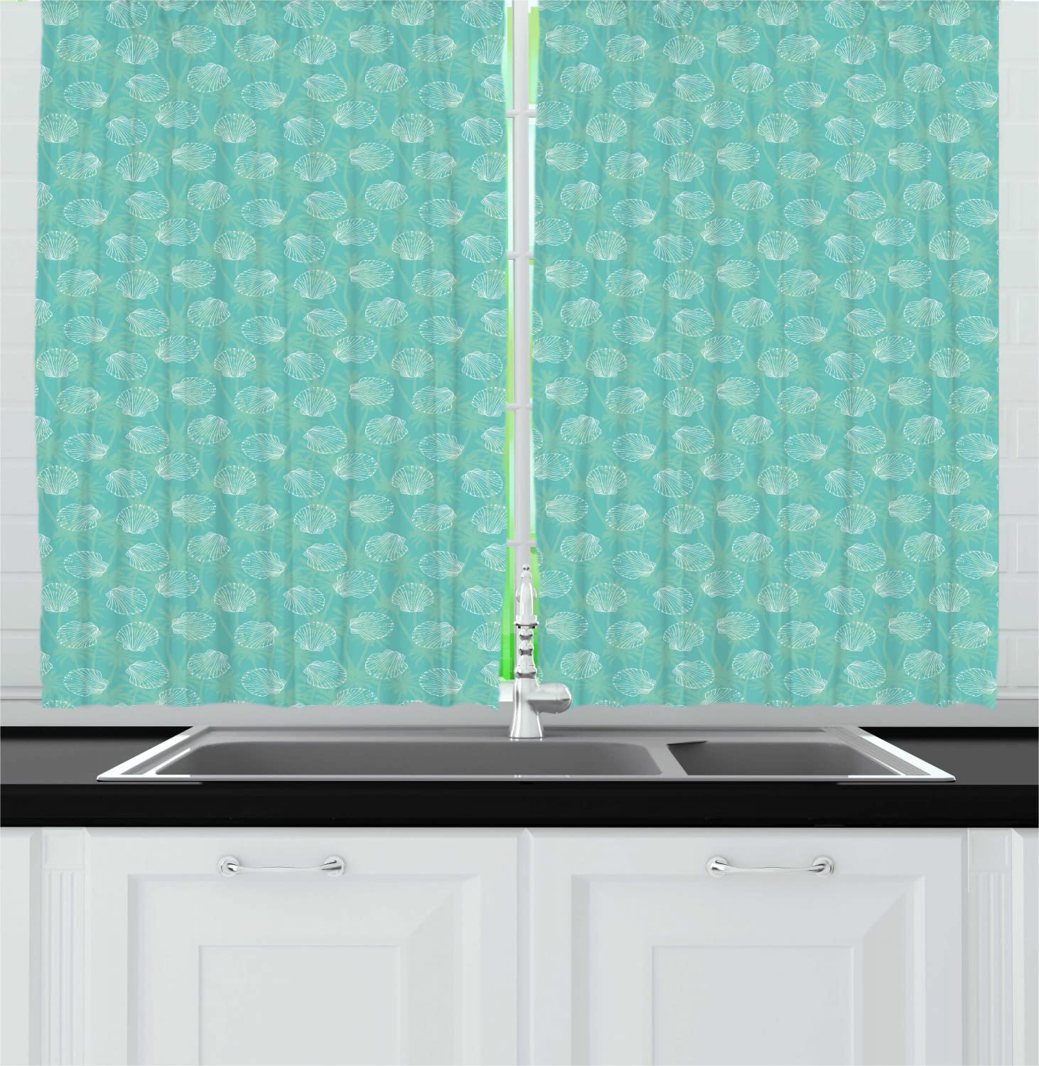 Ambesonne Nautical Long Kitchen Curtains - Seashells & Tropical Palm Trees Design, Summer Paradise Holiday Drapes, 2 Panels with Rod Pocket, 55