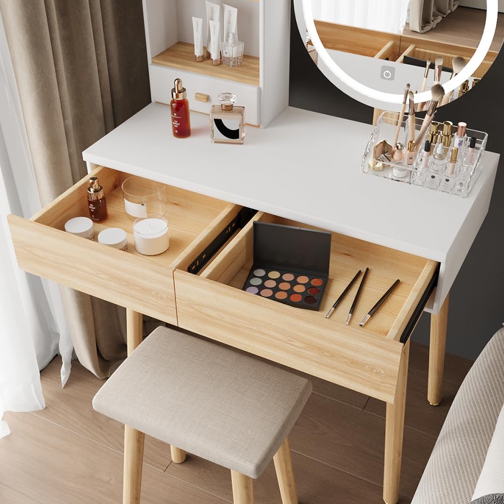 YOURLITE Makeup Vanity Desk with LED Lights - Adjustable Brightness Mirror, Compact Vanity Table with Drawers & Storage Shelves for Small Spaces - Perfect for Bedroom, Dorm & Apartment Beauty Setup