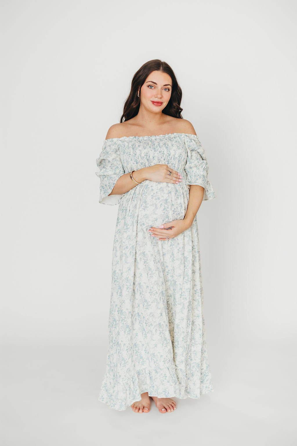 Sienna 100% Cotton Puff Sleeve Maxi Dress - Blue Floral Print Maternity Dress for Pregnancy | Bump Friendly, Comfortable & Stylish for Summer, Beach, Vacation & Special Occasions