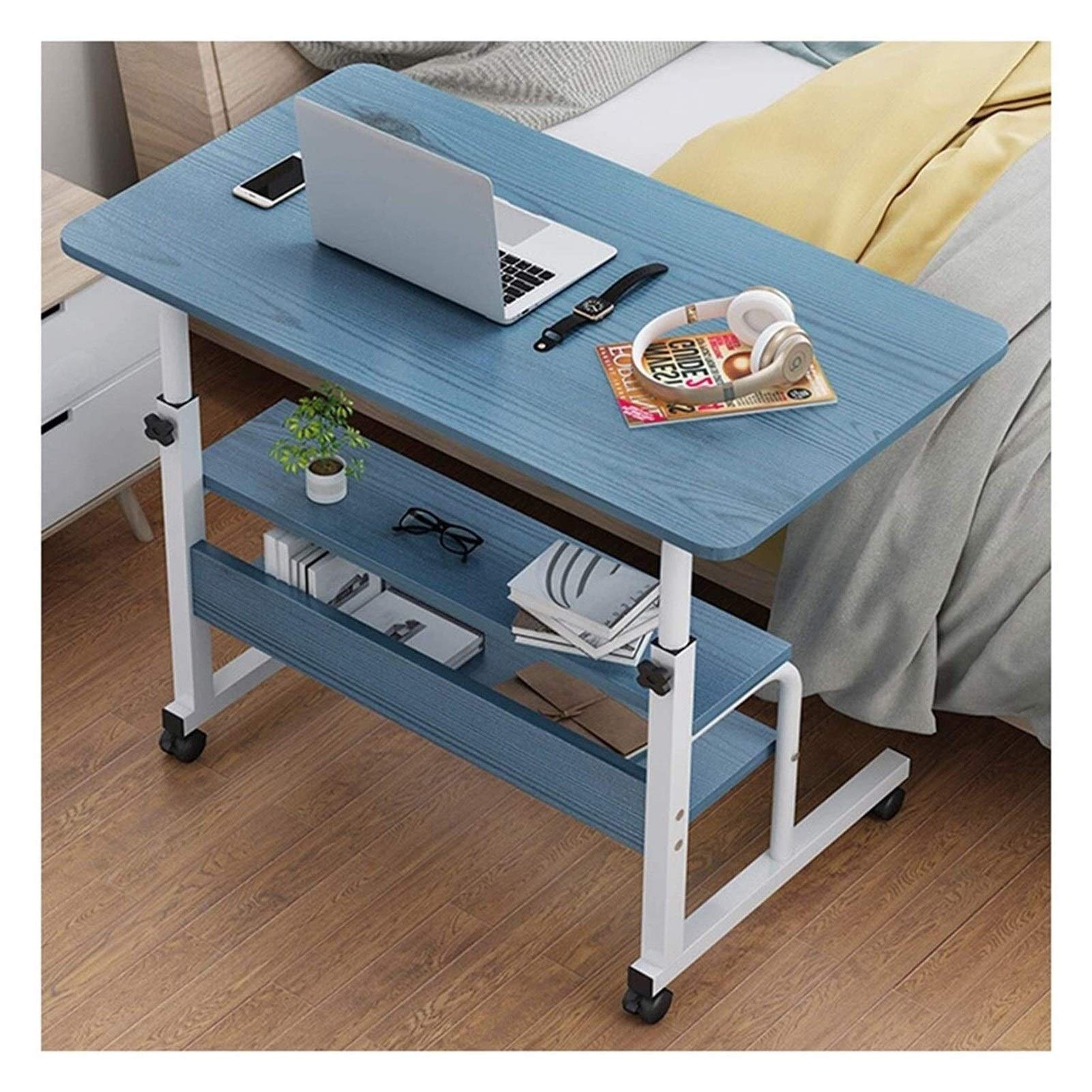 Portable Adjustable Laptop Table with Wheels - Mobile Side Desk for Sofa, Bed, Office - Blue Wood Finish (80x40cm) - Perfect for Work, Study, Gaming & Dining