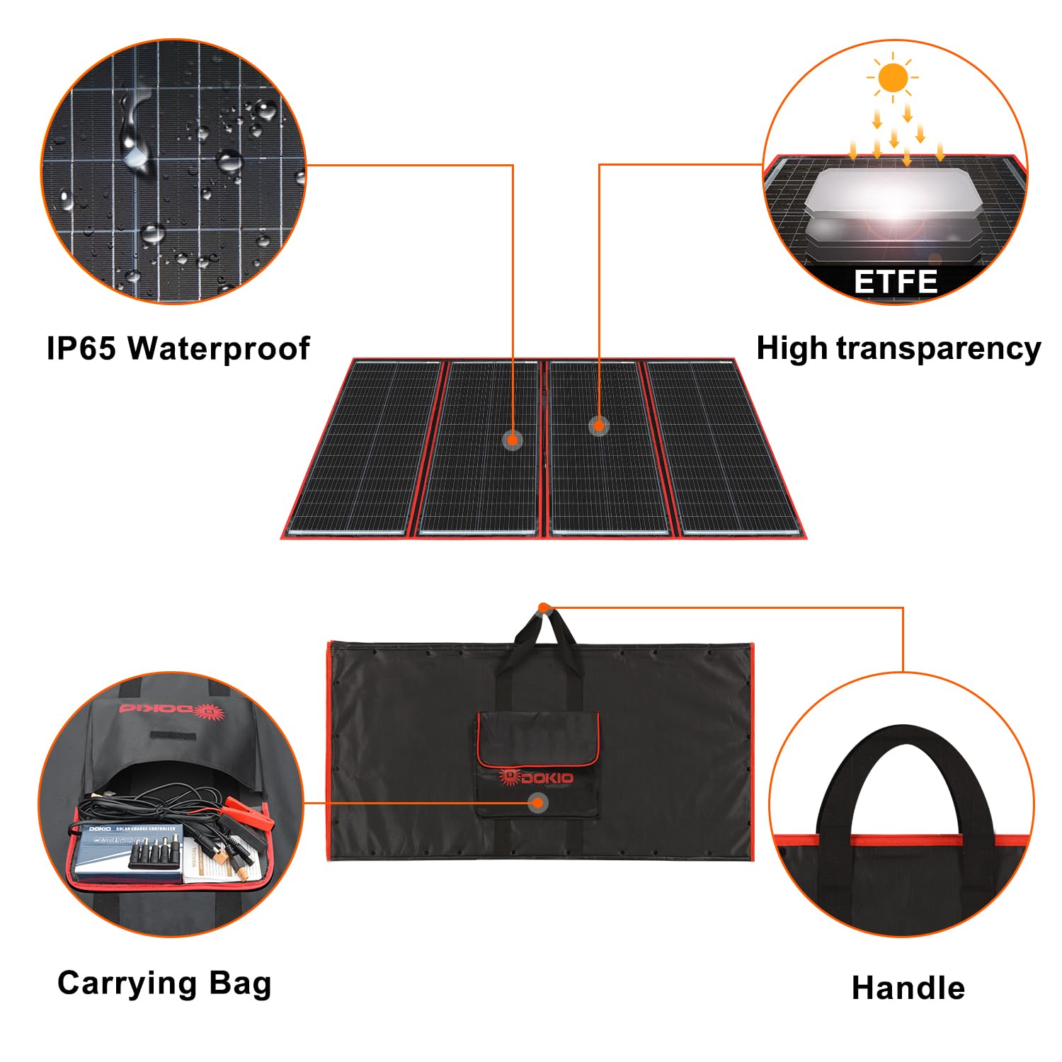 DOKIO 300W 18V Portable Foldable Solar Panel Kit with Controller - 21x41 Inch Lightweight (17lb) Solar Charger for RV, Camping, Trailer - 2 USB Outputs to Charge 12V Batteries/Power Stations (AGM, LiFePO4) - Perfect for Off-Grid Living, Emergency Power & Outdoor Adventures