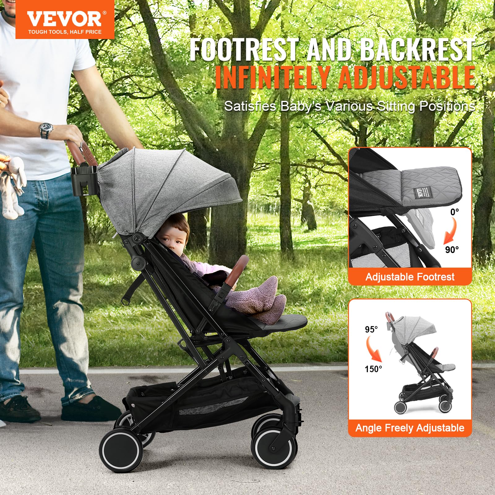 VEVOR Adjustable Baby Stroller for Newborns & Toddlers - Lightweight Travel Stroller with Reclining Backrest (95°-150°), Foldable Footrest (0°/90°), Cup Holder & Storage Bag - One-Click Folding Compact Stroller for Shopping, Travel & Daily Walks (Dark Grey)