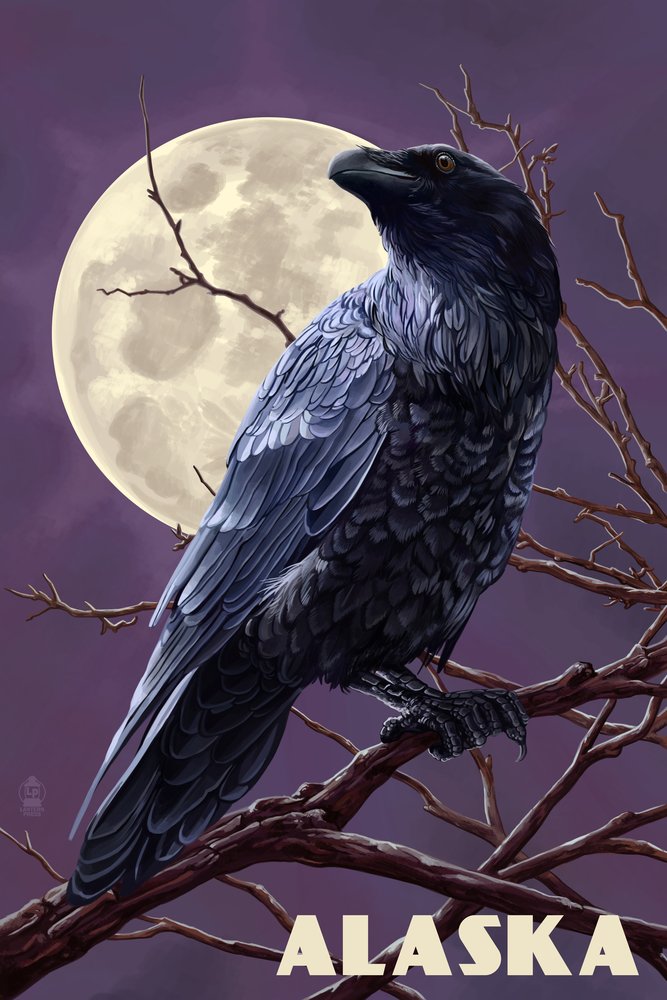 Alaska Raven and Moon Purple Sky - 24x36 Gallery Quality Metal Wall Art, Aluminum Decor for Living Room, Bedroom & Office