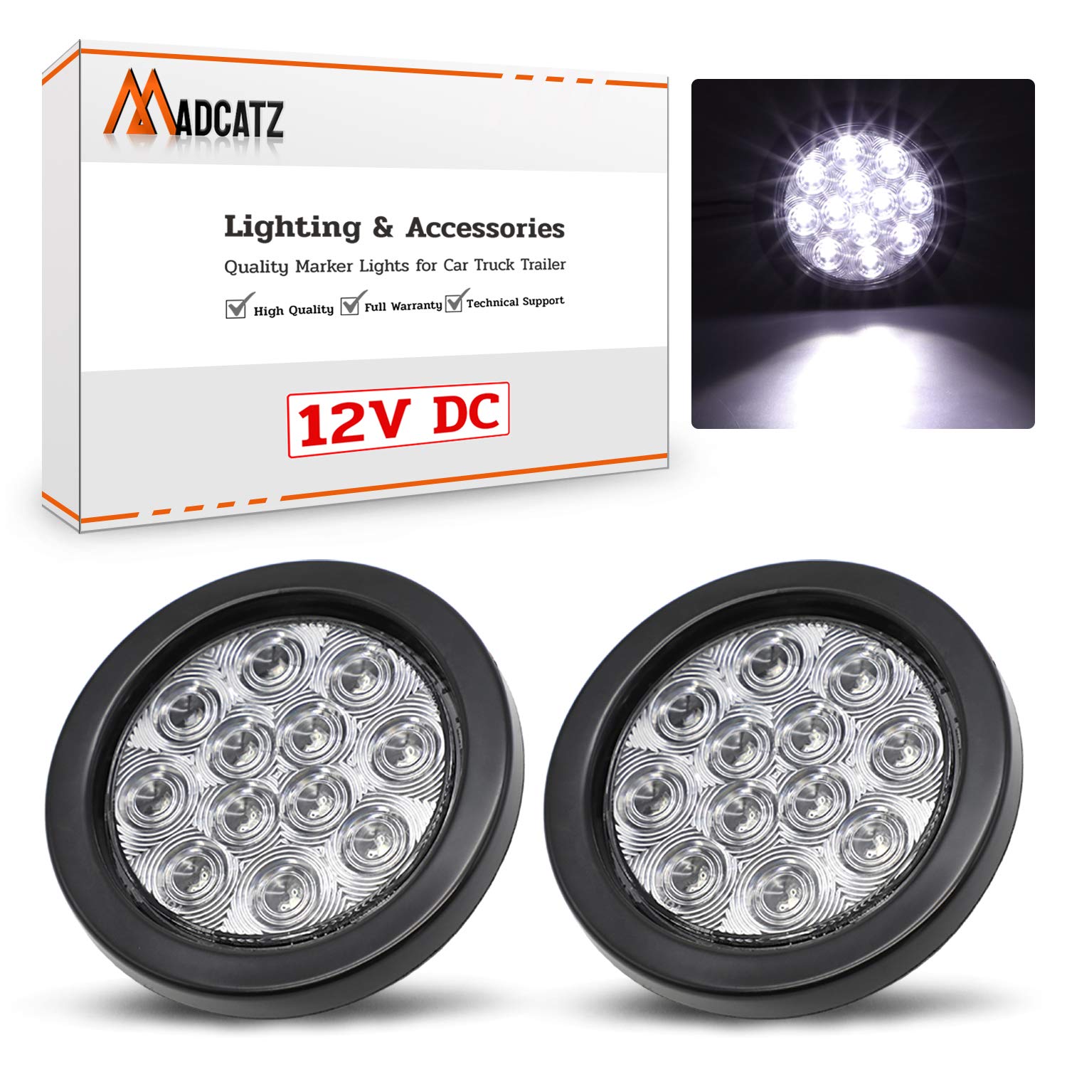 MADCATZ 4 Inch Round White LED Reverse Lights - 12 LED Backup Lamps for Trucks, Boats, Tractors, ATVs, RVs, Vans & Buses - Waterproof 12V DC Sealed Clearance Lights with Plugs & Grommets (Pack of 2) GA12 - Perfect for Nighttime Reversing, Off-Roading & Marine Applications