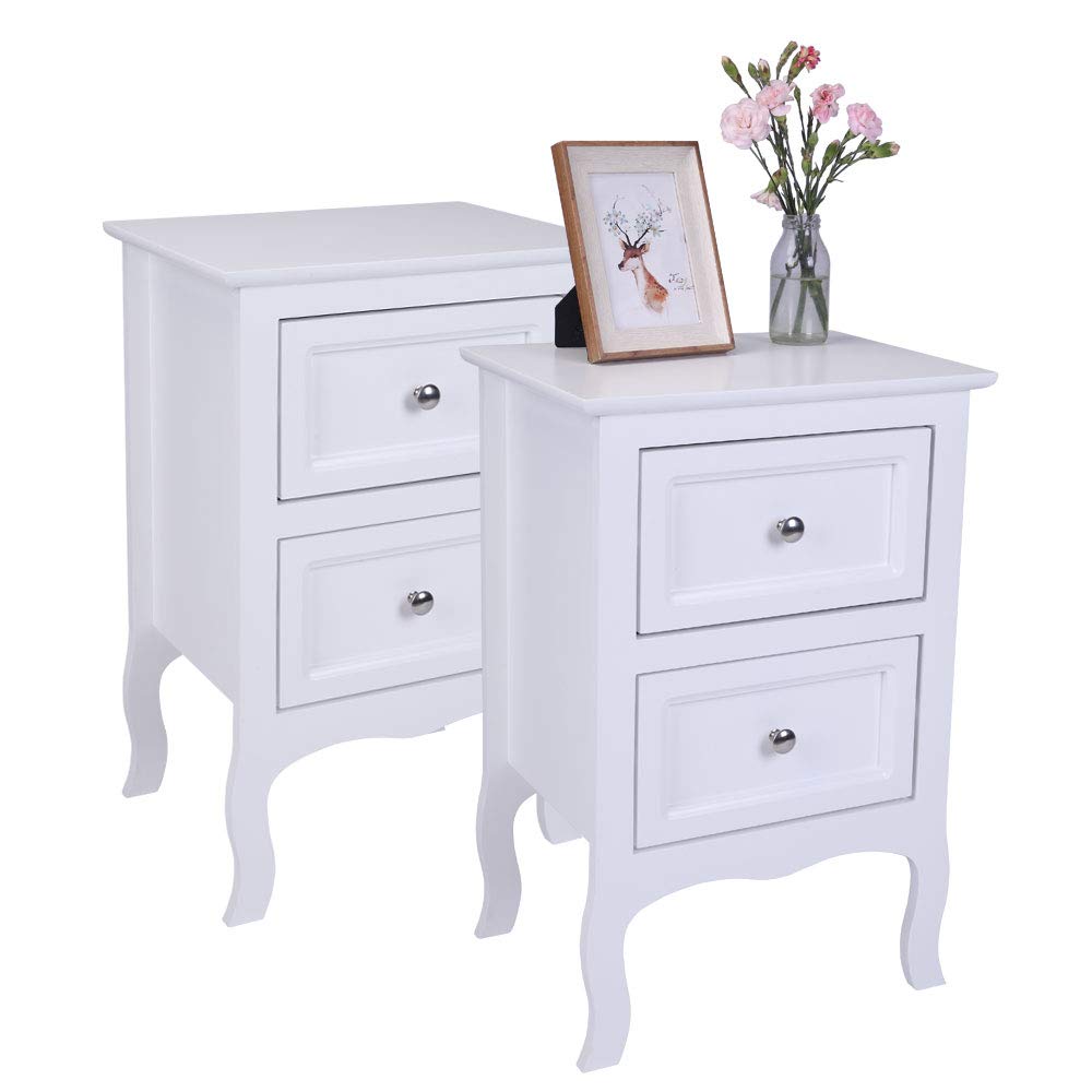 2-Piece White Wooden Nightstand Set with 2 Drawers - Bedside Table, Sofa Side Table for Bedroom & Living Room - Perfect as Lamp Table, Accent Furniture for Home Decor