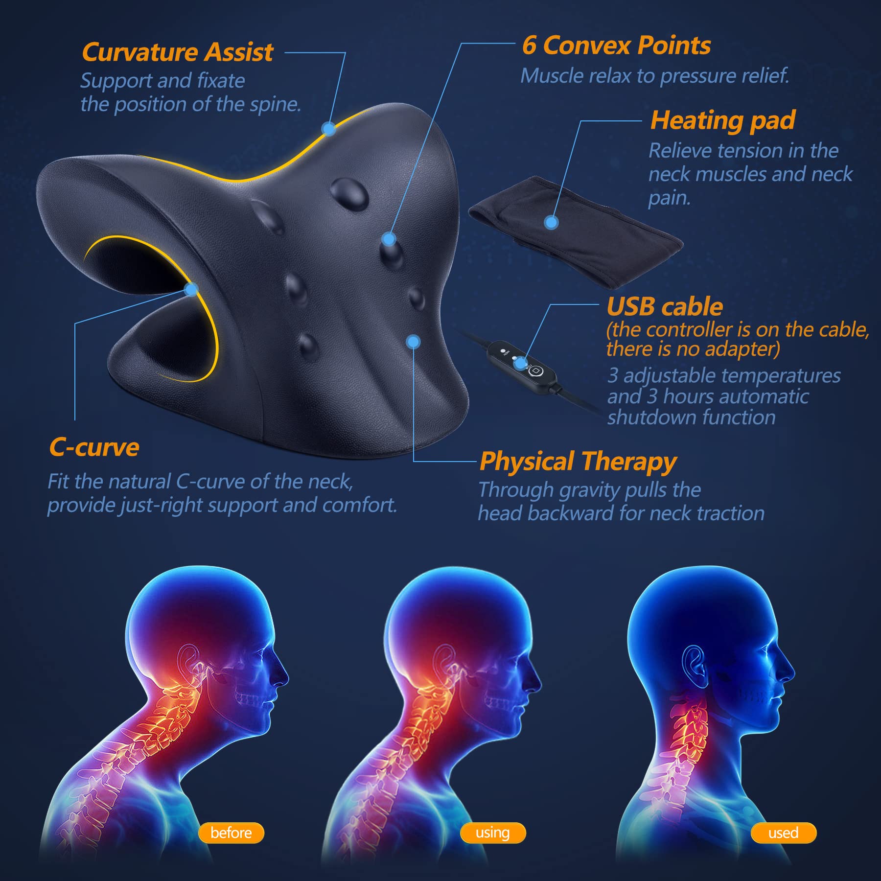 Heated Neck Stretcher & Cervical Traction Pillow - Pain Relief for Neck & Shoulders - Orthopedic Support for Sleeping, Office & Travel - Adjustable Heat Therapy for Muscle Relaxation