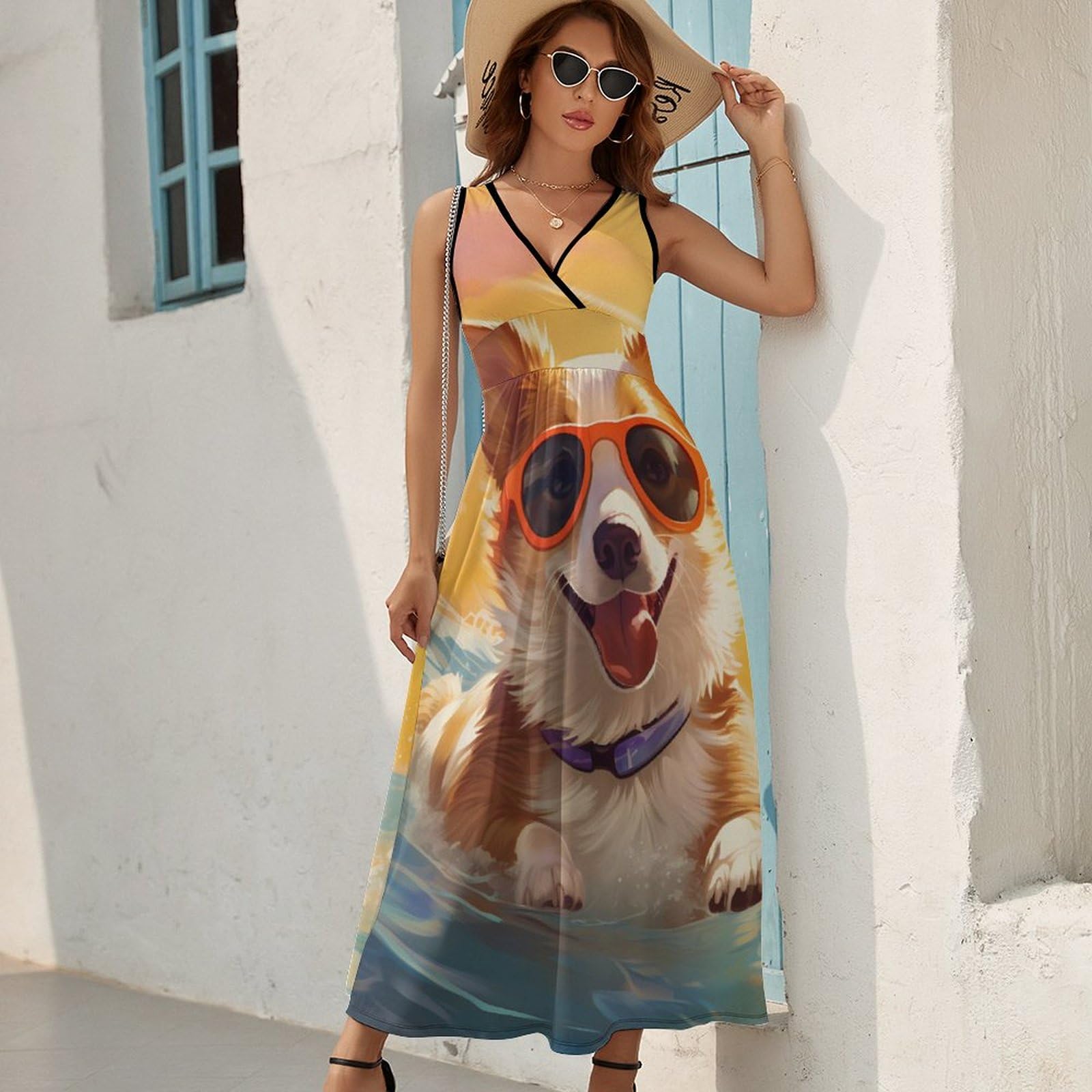 Cute Corgi Print Women's Summer Sleeveless Sundress - Loose Fit Maxi Beach Dress for Vacation, Pool Party & Casual Outings