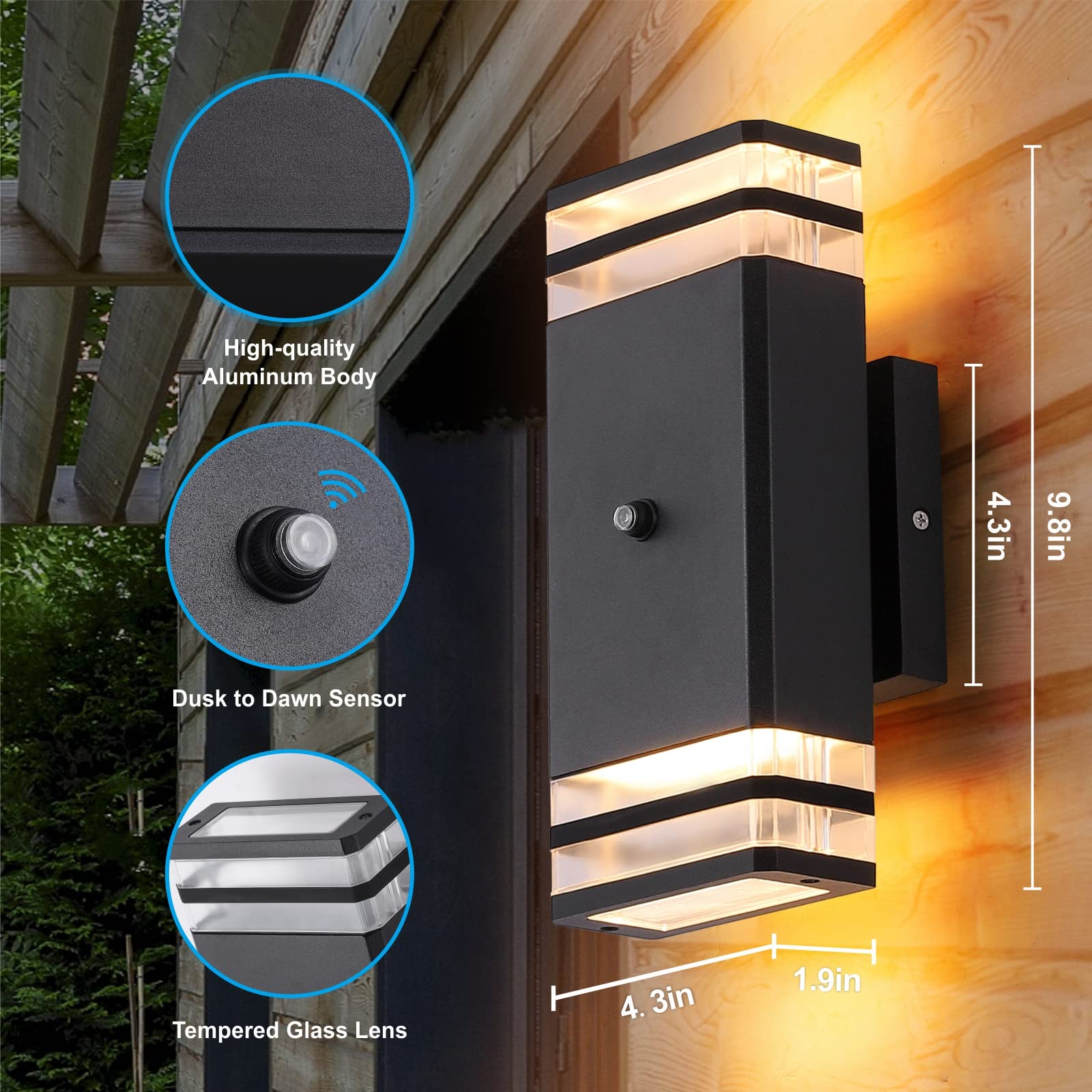 2 Pack Dusk to Dawn Sensor LED Wall Lights - 10W 2700K Warm White Aluminum Outdoor Wall Sconce - Weatherproof Modern Exterior Lighting for Porch, Patio, Garage & Entryway - Perfect for Nighttime Safety & Home Security