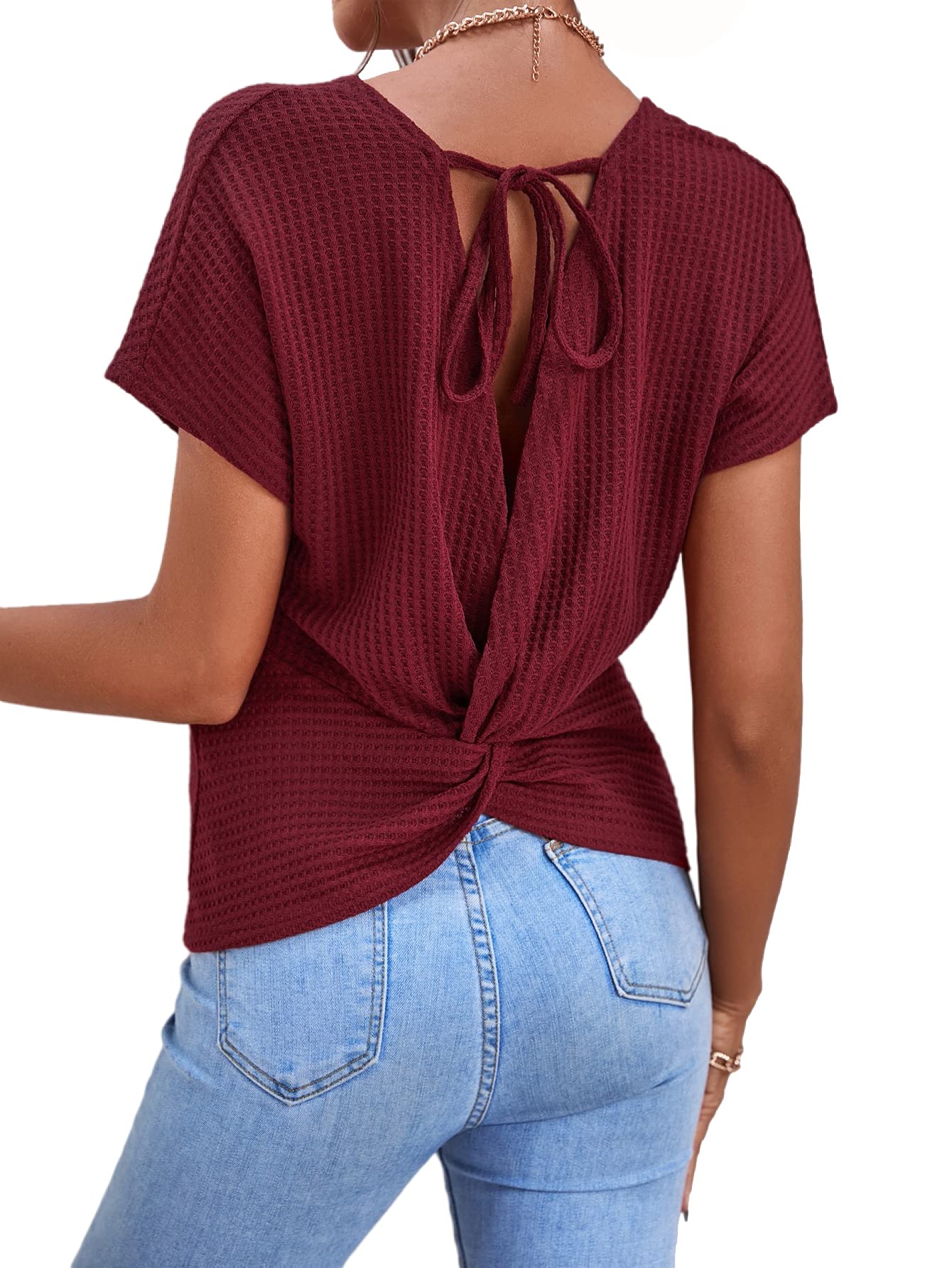 Milumia Women's Casual Tie Back T-Shirt - Batwing Sleeve Waffle Knit Top for Women | Perfect for Layering, Weekend Outfits & Casual Office Wear