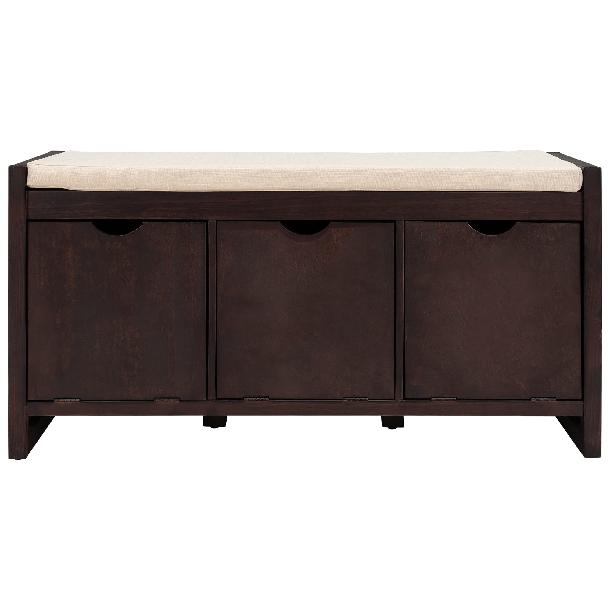Storage Bench with Removable Cushion & 3 Flip-Lock Storage Compartments - Entryway, Living Room, Bedroom Organizer - Espresso Brown Wooden Seat for Shoes, Toys & Home Decor